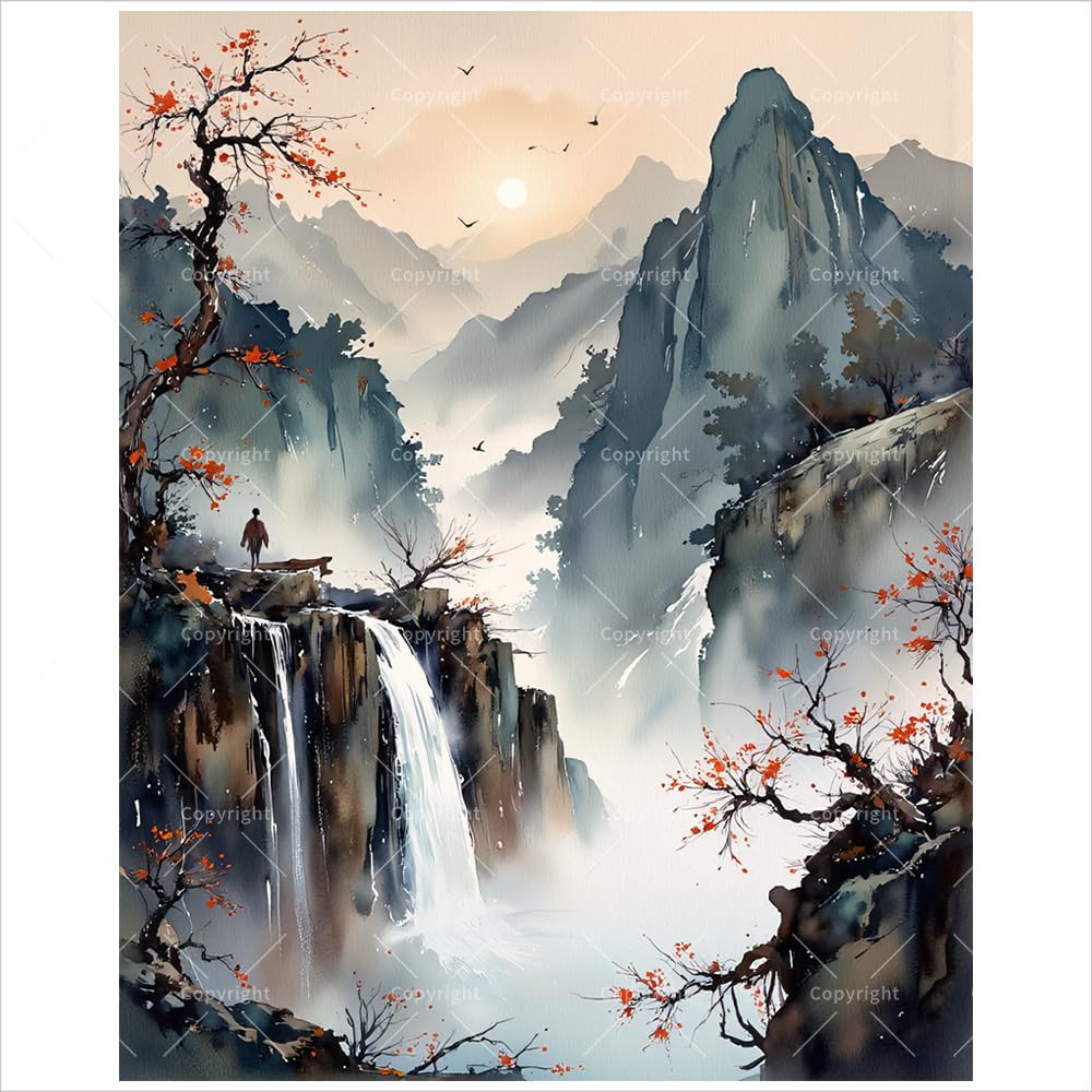 Amazon.co.jp: 数字による中国の風景画キット 大人用 - DIY 山の滝