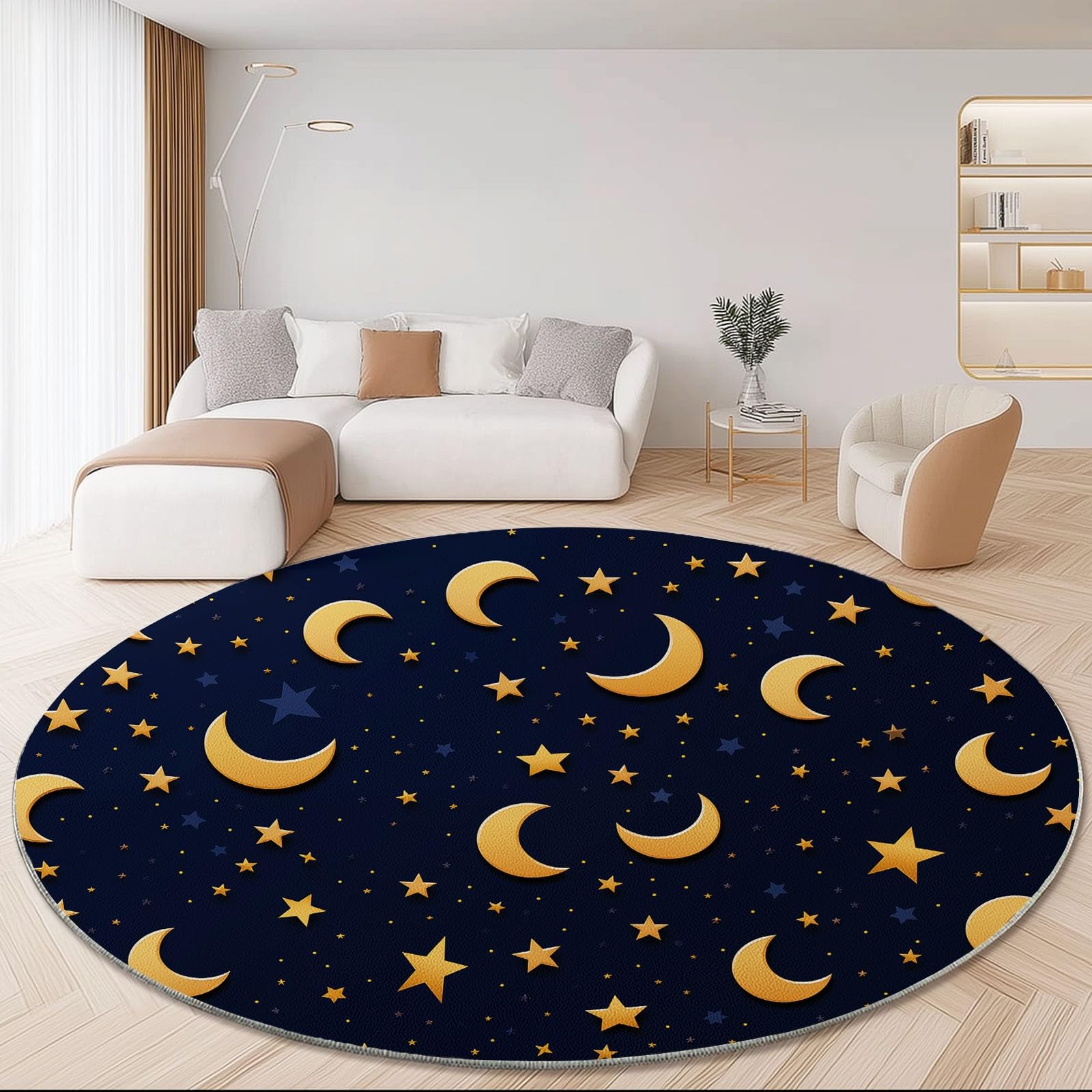 Tapis Rond en Flanelle Doux et Moelleux 120 cm, Mignon Lune Étoiles Motif imprimé, Or Bleu foncé Tapis Rond Antidérapant pour Salon Chambre Salle de Jeux Décoration Moderne