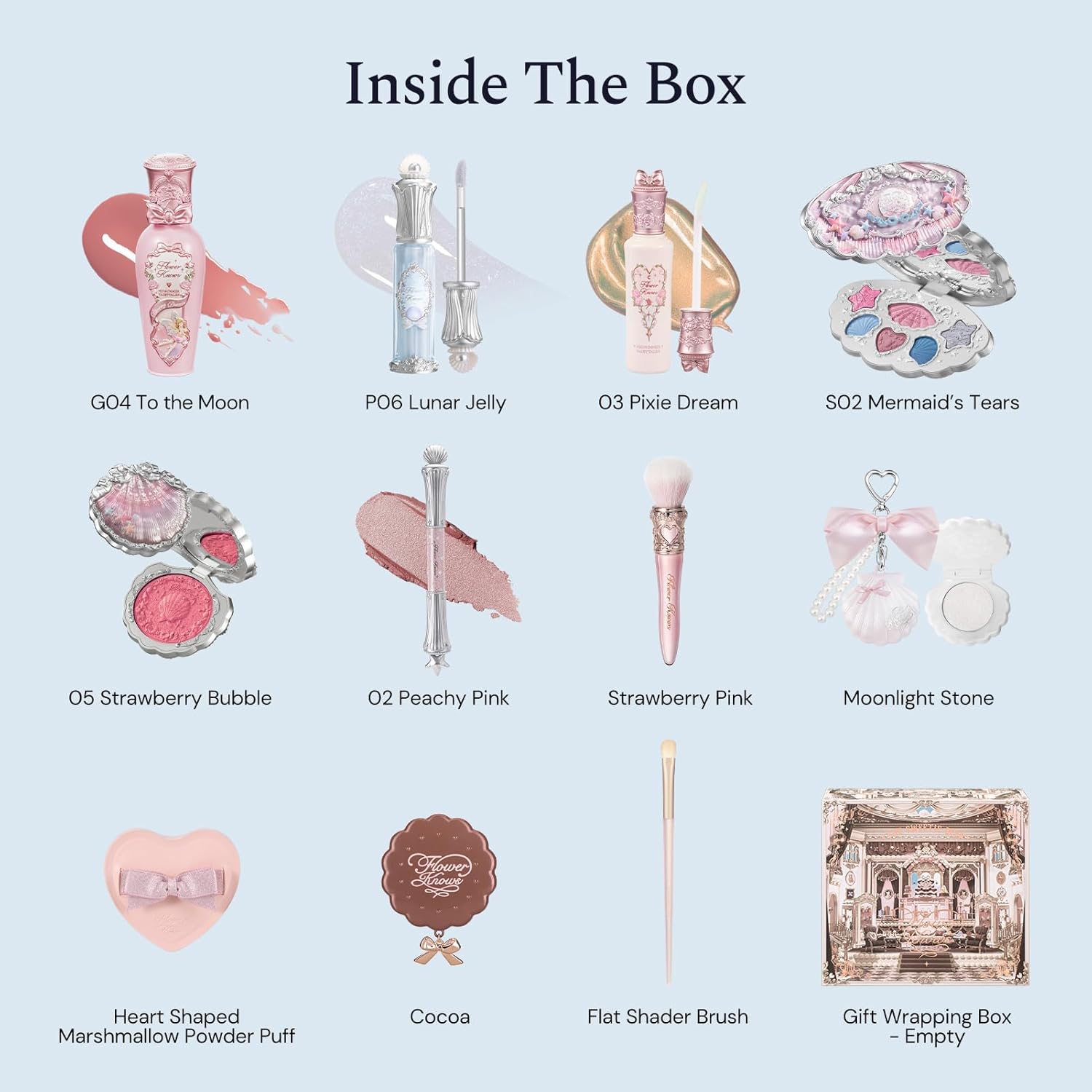 Flower Knows Shell’s Jewel 13-Piece Makeup Gift Box Set,Lip Gloss×2+Blush×1+ Eyeshadow Palette×1+Highlighter×3+Hand Mirror×1+Hair Clip×1+Mini Powder Puff×1+Blush Brush×1+Eyeshadow Brush×1+Gift Box×1 - Image 2
