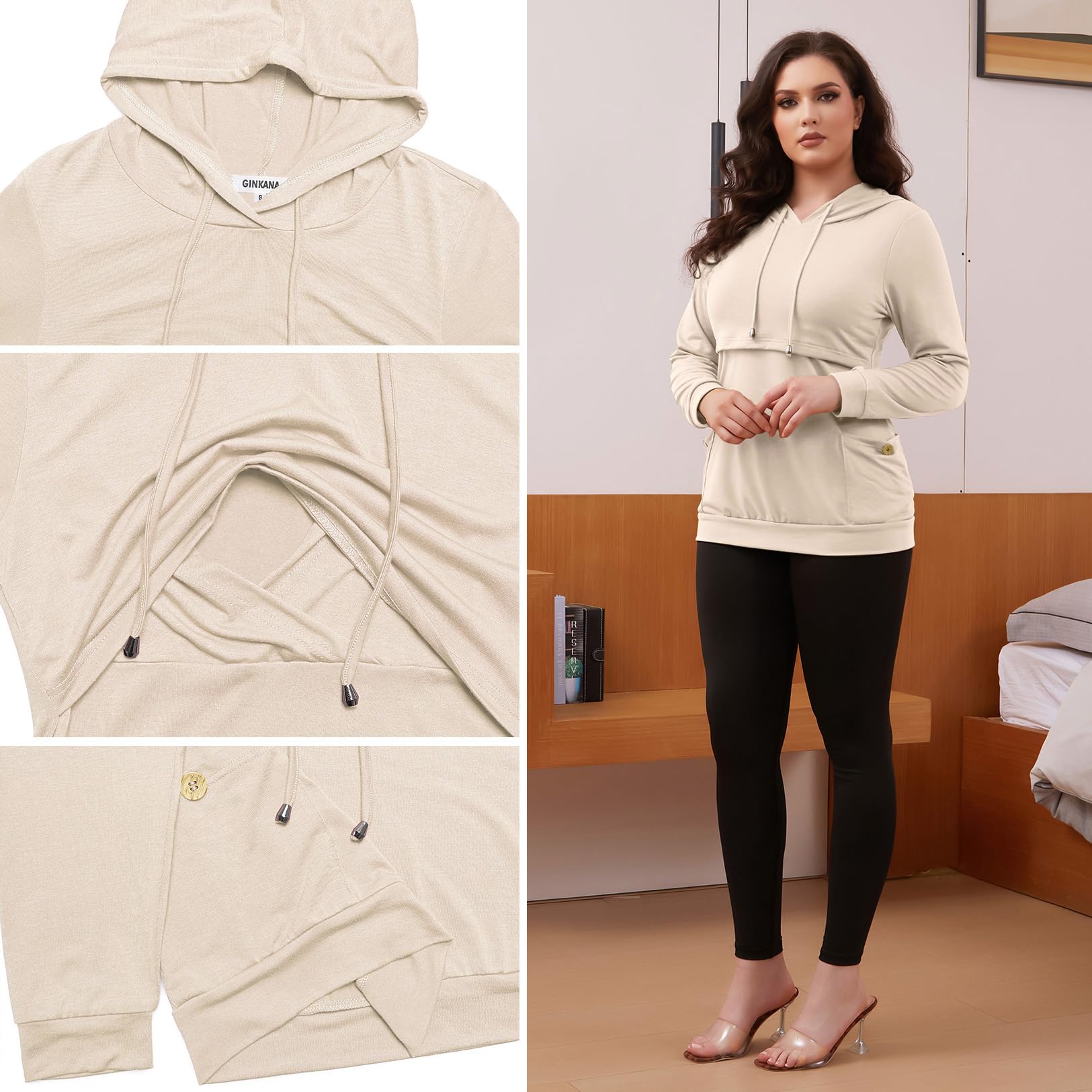GINKANA Damen Still-Kapuzenpullover, Sweatshirt, langärmelig, Knopfdekoration, Taschen, Hemden, Tunika-Top