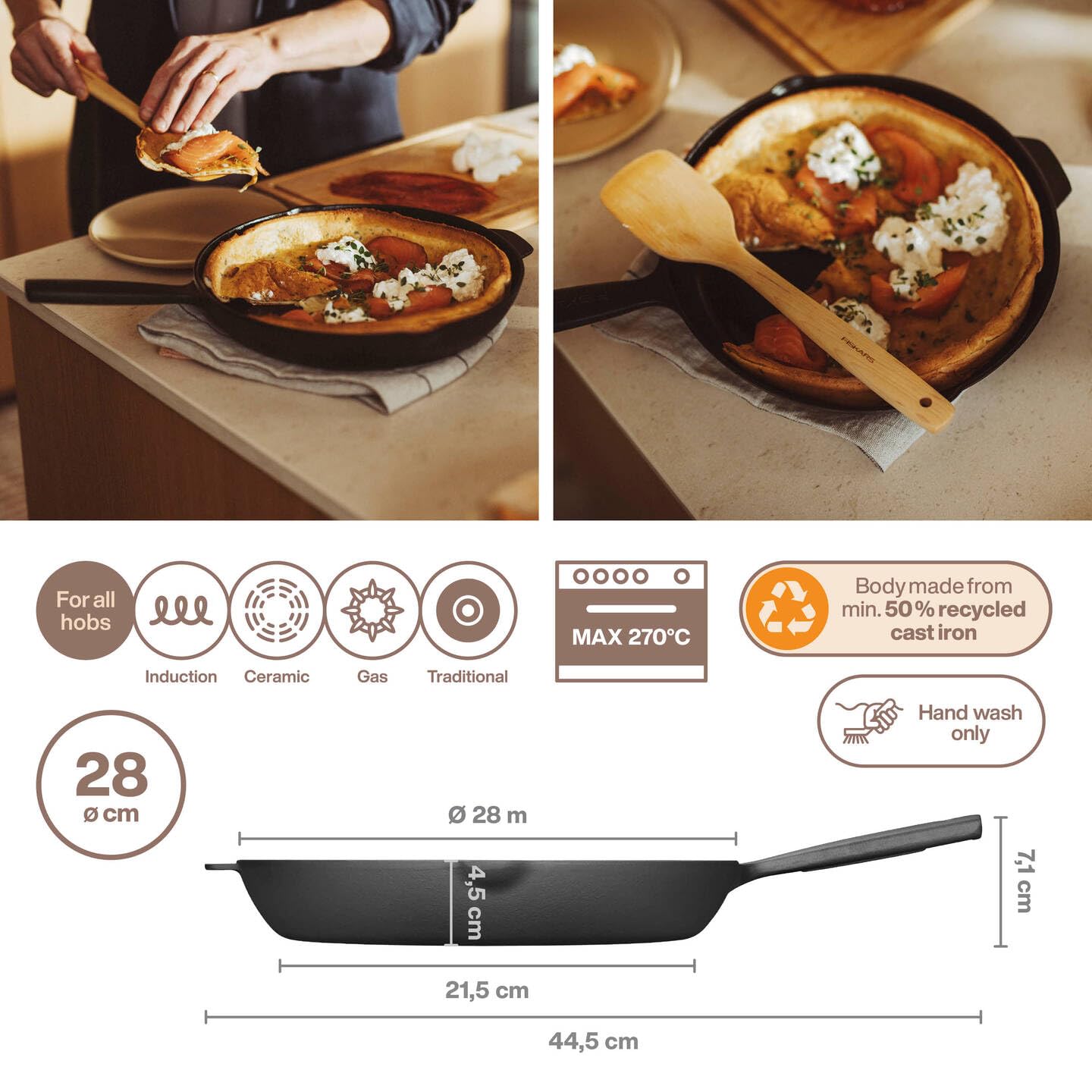 Fiskars Folken Padella in Ghisa, Ø 28 cm, Senza Rivestimento, Adatta a Tutti i Piani Cottura, Forno e Barbecue, 1075699