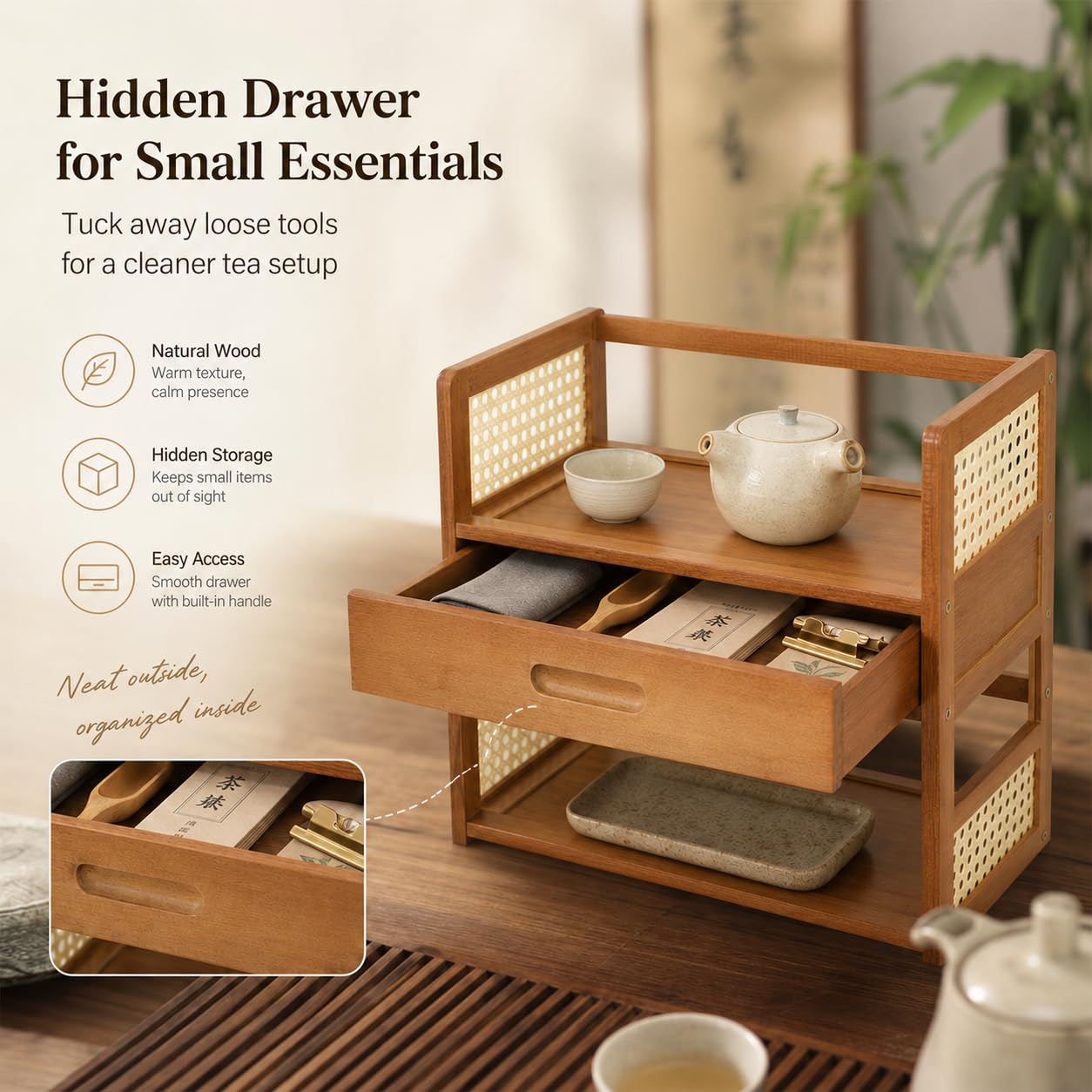 Scaffale da scrivania con cassetto, organizer da tavolo a 2 livelli con cornice in bambù e finto rattan, piccola libreria da ufficio, per caffè Matcha, tazze, libri, soggiorno e ufficio