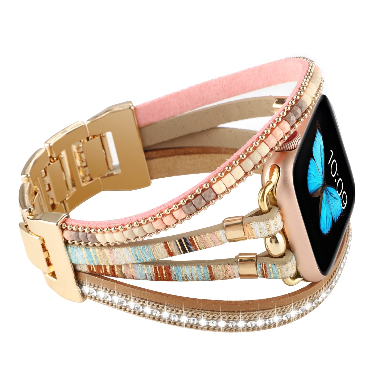 Boho Posh Leather Bands Compatible with Apple Watch 41mm 38mm 40mm, Women Dressy Hippie Chain Strap Handmade Bracelet Jewelry Multi-layer Wristband Wrap Replacement for iwatch 8 7 6 5 4 3 2 1 SE