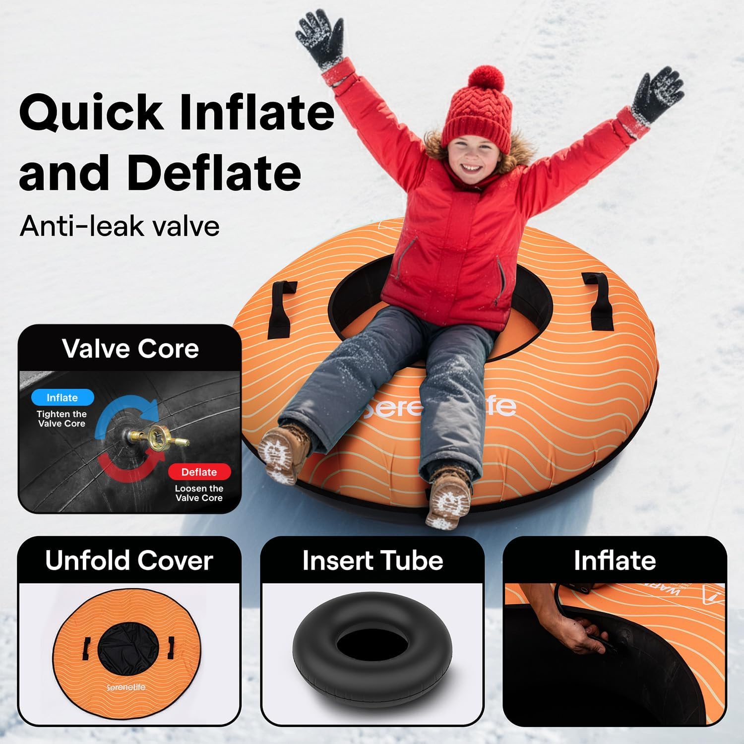 SereneLife 40'' Snow Tube for Sledding - Heavy Duty Hard Plastic Bottom Shell, Rubber Inner Tube, Oxford Cover, & Tow Strap - Inflatable Snow Sled for Kids & Adults - Perfect Winter Outdoor Fun Gift Orange