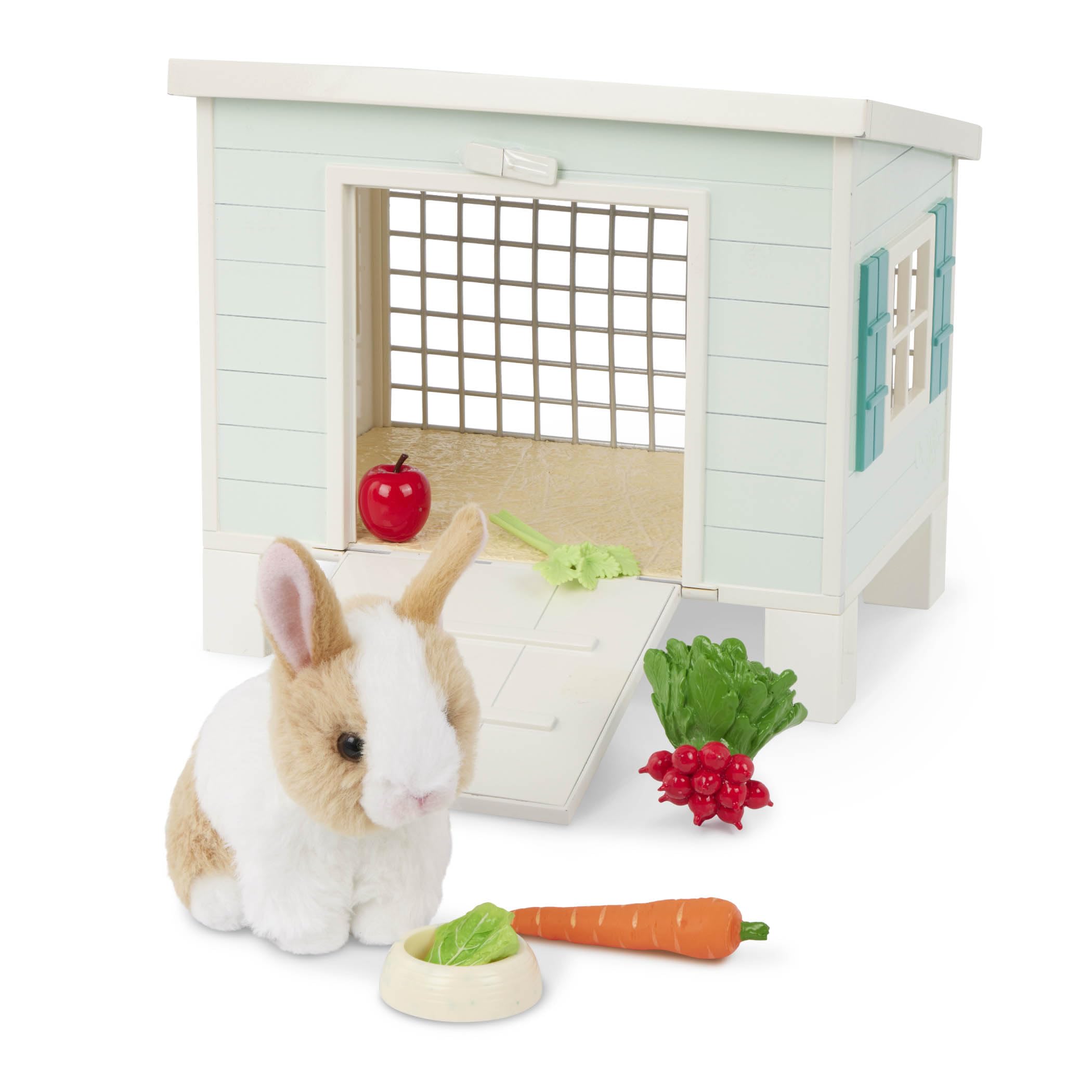 Our Generation - Kaninchenstall Spielset - Tierhaus Spielset - Mini Plüsch Kaninchen Plüschtier - 46 cm Puppe Zubehör - Vorgetäuschtes Spiel - Spielzeug für Kinder ab 3 Jahren