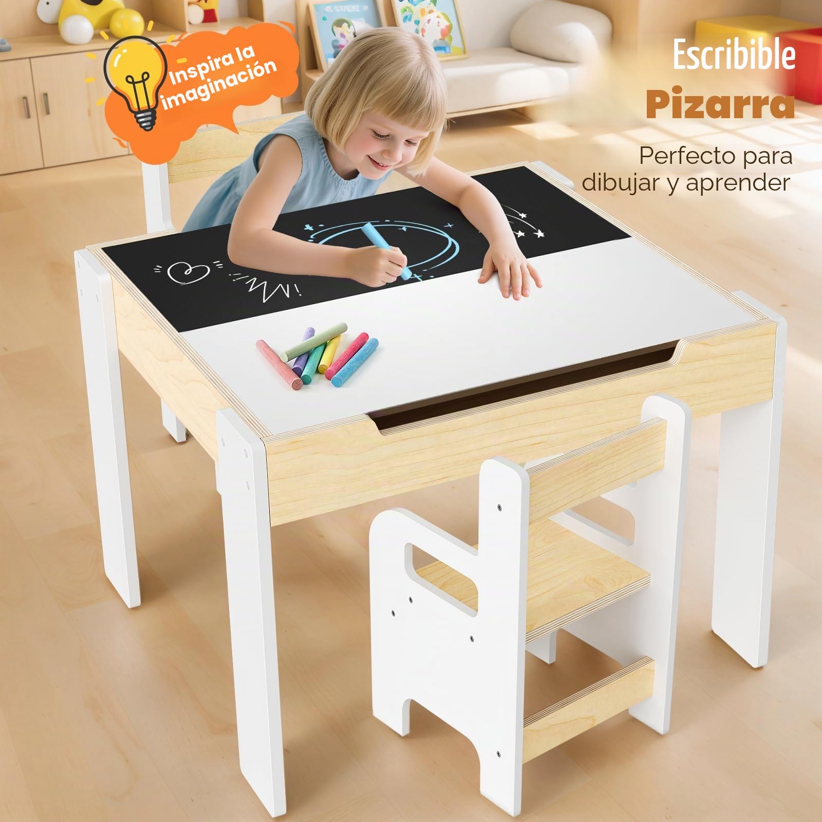 Juego de mesa y silla para niños, juego de mesa y silla de madera 5 en 1 para niños, doble superficie, construido para dibujar, leer y manualidades