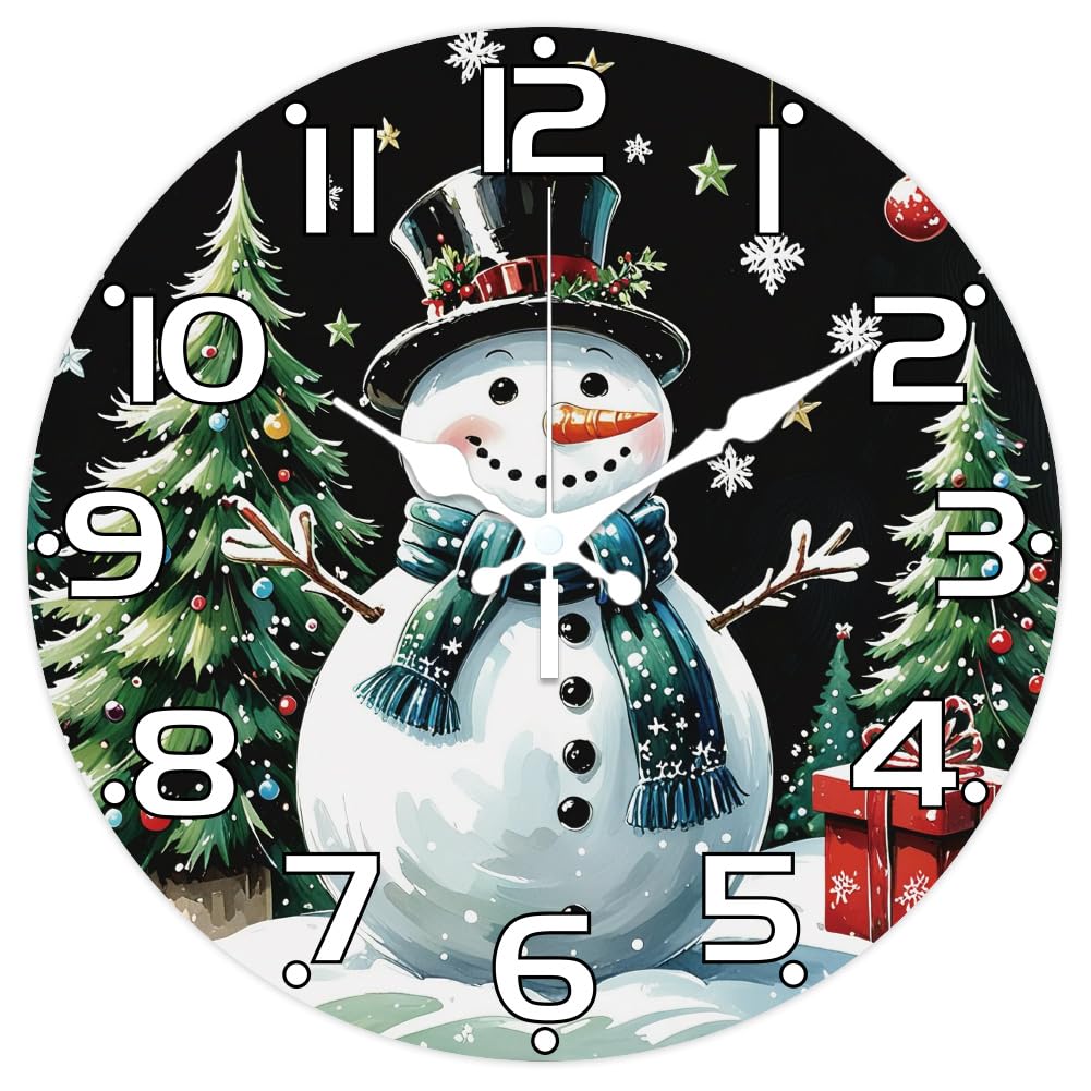 CHGCRAFT Christmas Snowman Pattern Wall Clock 12 Inch Non-Ticking Gift Box Clocks Round Wall Hanging Clock Battery Operated for Bedroom Living Room Kitchen Office