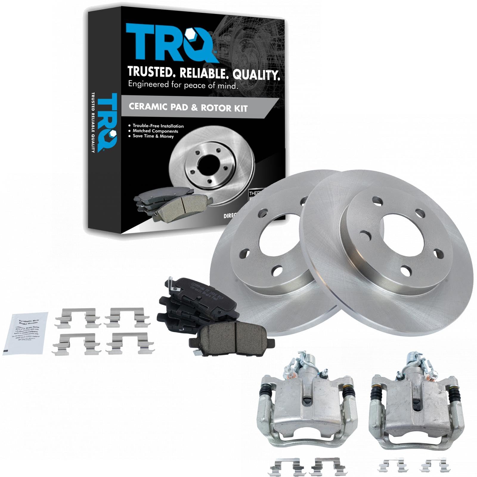 TRQ Rear Ceramic Brake Pad and Rotor Set Includes Calipers