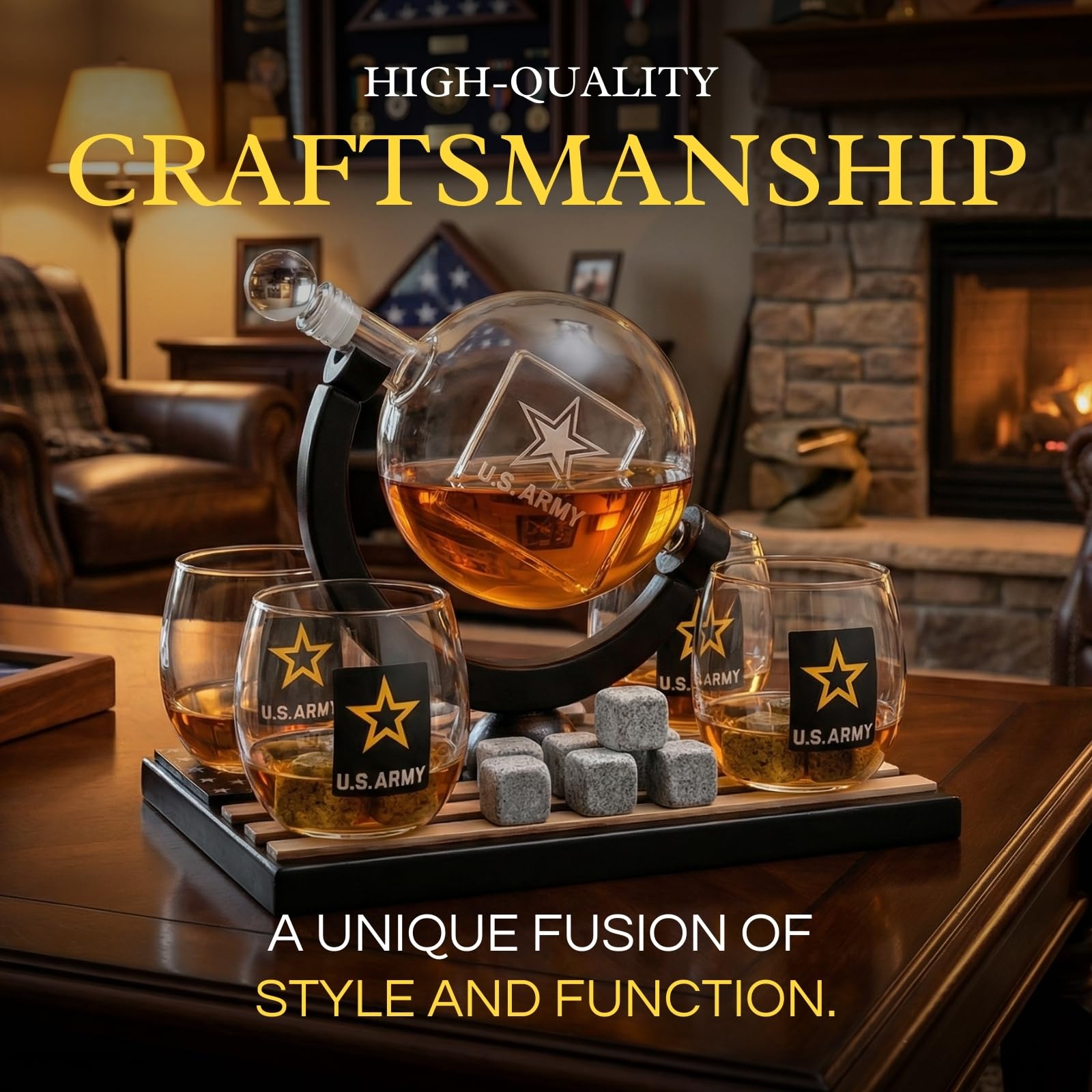 Zestaw karafek do whisky US Army Globe z 4 szklankami na alkohol - drewniana podstawa flagi i 9 kamieni do whisky, zestaw upominkowy dla weterana sił zbrojnych - prezenty dla mężczyzn, na Dzień Ojca