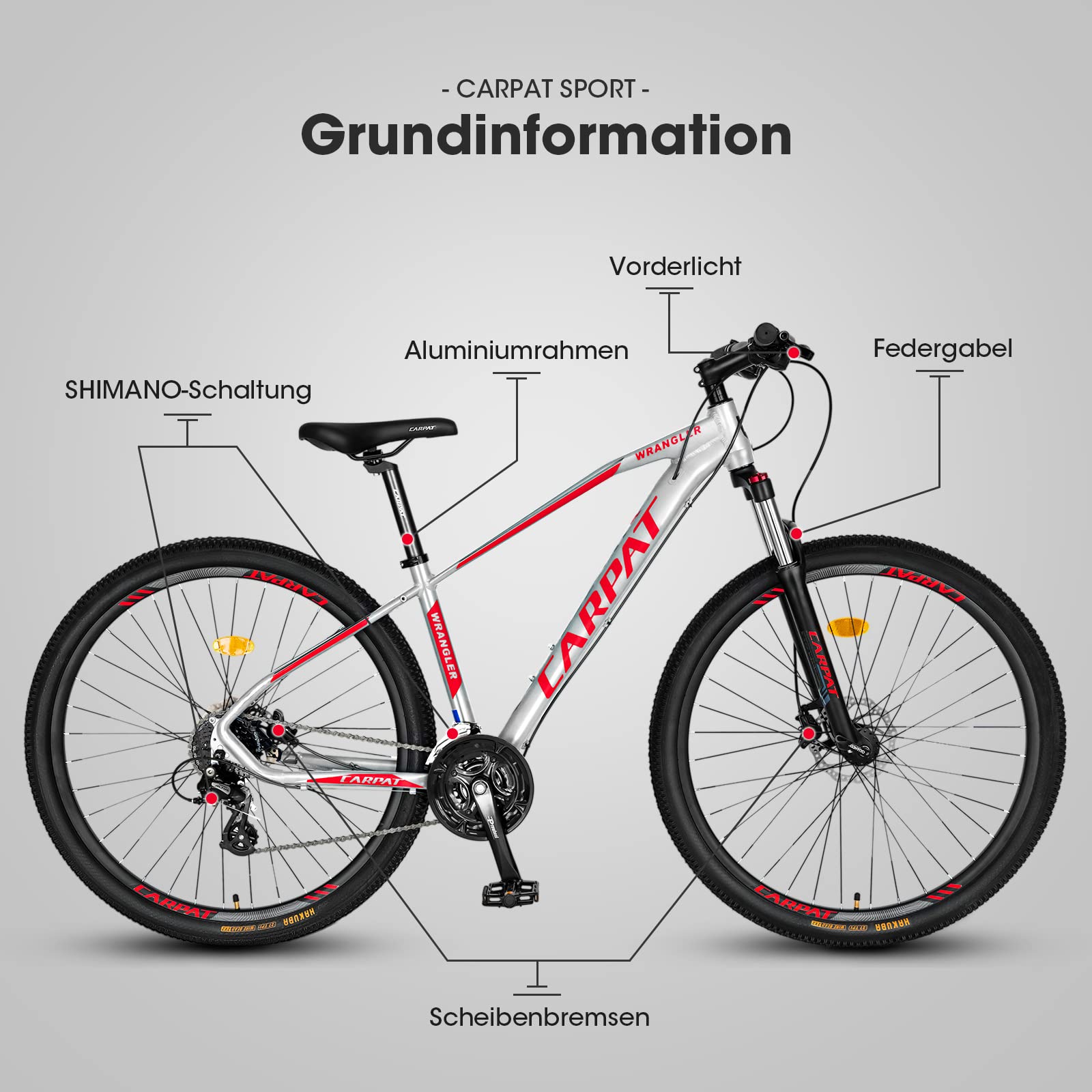 Carpat Sport 29 Inch Aluminium Mountain Bike, 24 Speed Shimano Gears, Double Disc Brakes, Adult Bicycle, Aluminium, MTB, Men & Women, Light Grey, Red Sports & Outdoors
