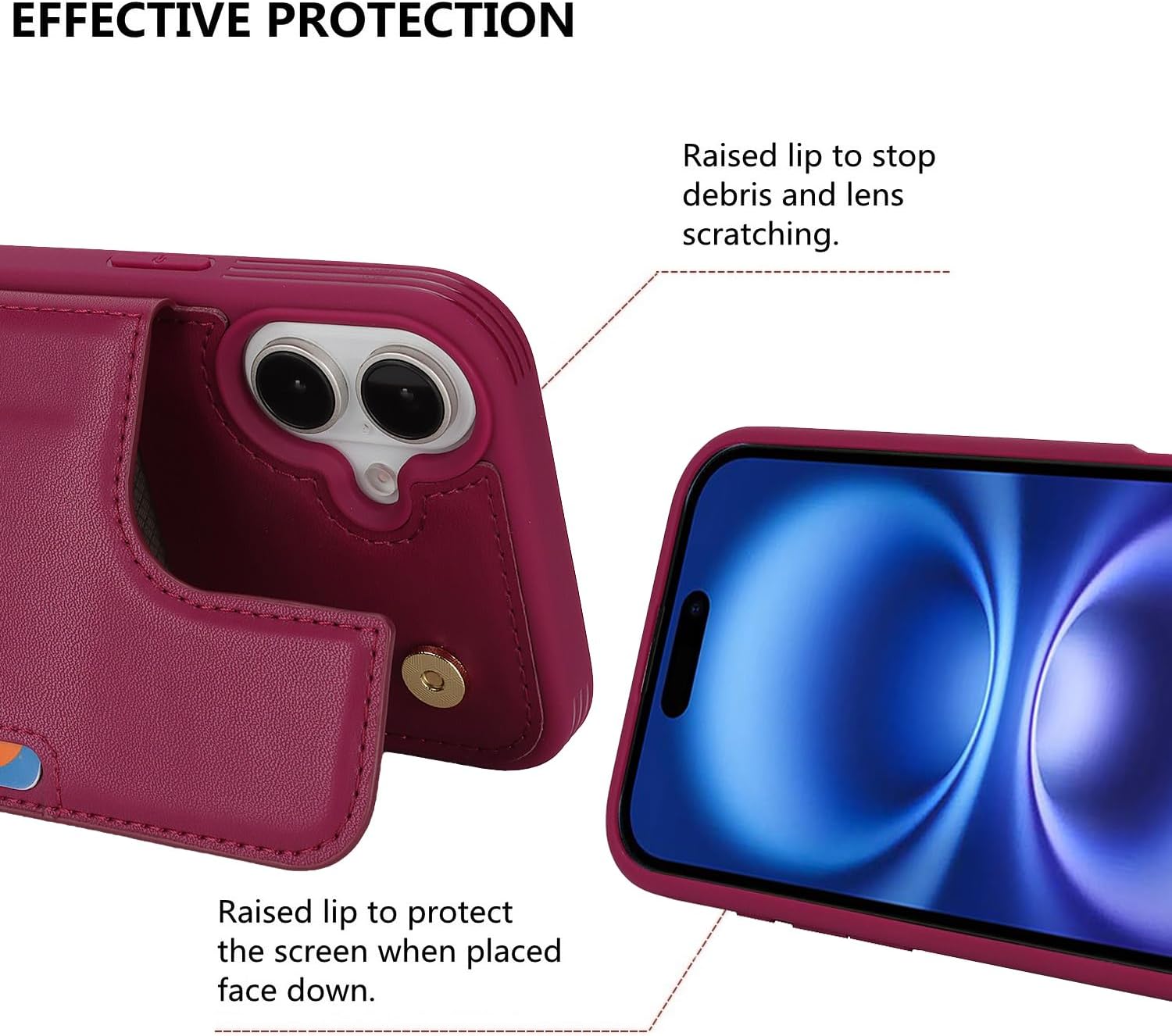 iCoverCase Compatible with iPhone 16 Wallet Phone Case with Card Holder for Women Men, [RFID Blocking] Card Slots PU Leather Protective Wallet Case 6.1 Inch (Rose Red) - Image 6