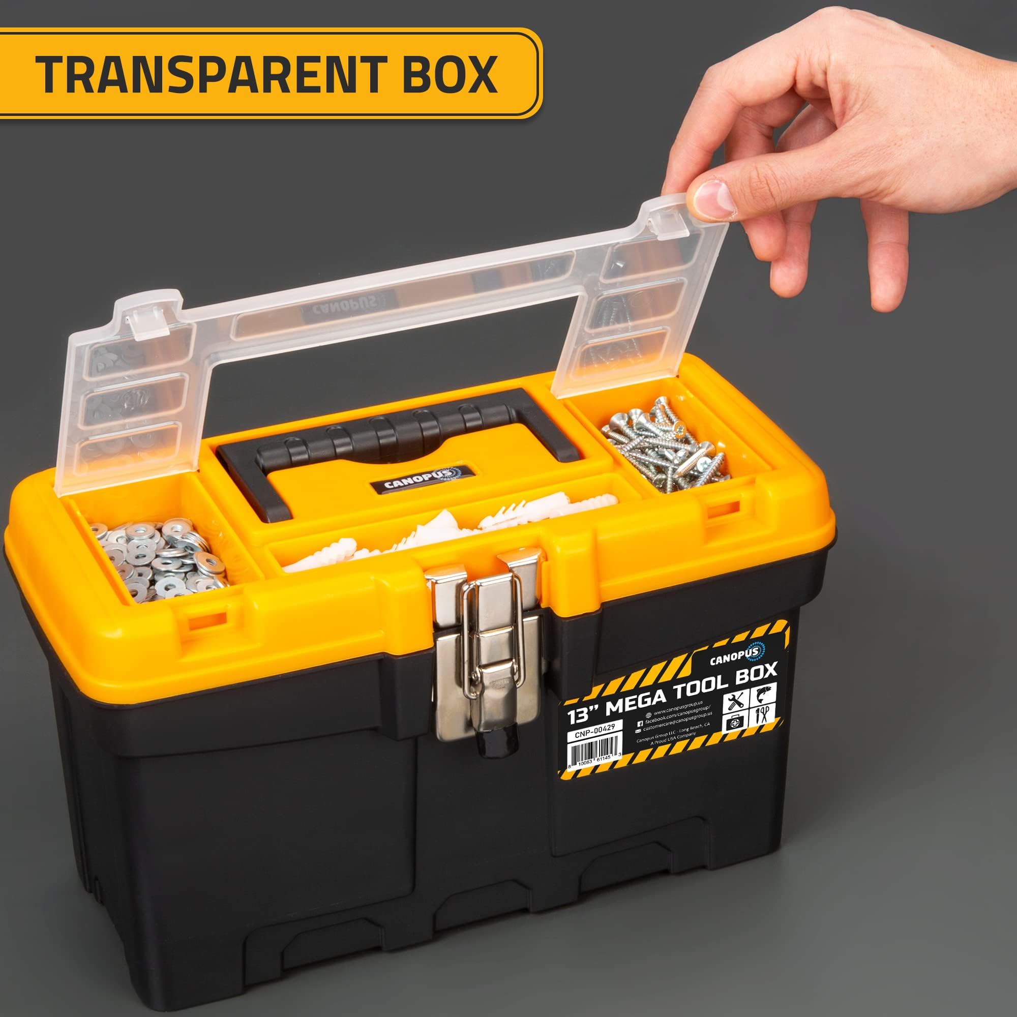 CANOPUS Plastic Toolbox, 13-inch Portable Mega Tool Box with Metallic Clutch, Tool Organizer with Extra Storage Tray for Home Tools, Nails and Pins, Black-Yellow