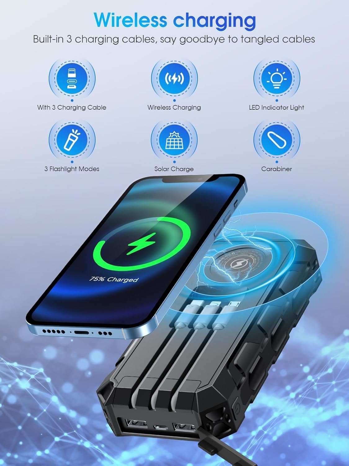 Chargeur solaire 52800 mAh, PD 30 W USB C, charge rapide avec 3 câbles, 7 sorties, chargeur sans fil 15 W, lampes de poche, chargeur portable pour camping, extérieur, urgence