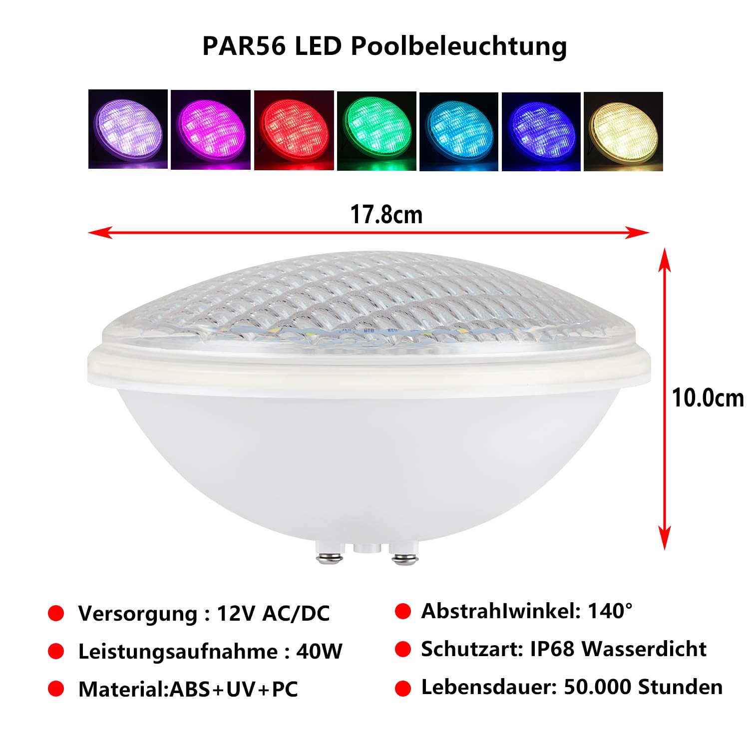 LED Poolbeleuchtung Unterwasser Led Lichter, PAR56 Schwimm Badleuchte Unterwasser Scheinwerfer Mit Fernbedienung Pool Light, 12V AC/DC IP68 Wasserdicht Pool Lampe (40 watts)