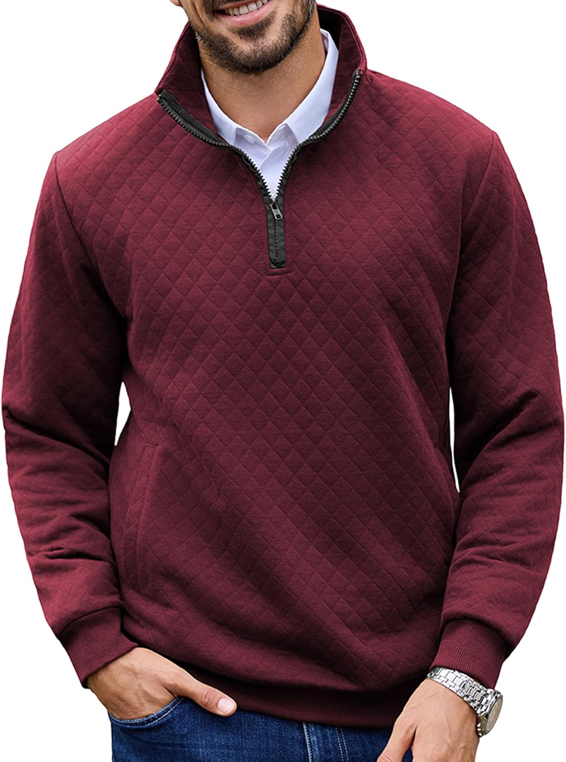 URRU Men’s Quarter Zip Pullover Quilted Sweater Long Sleeve Mock Neck Polo with Pocket