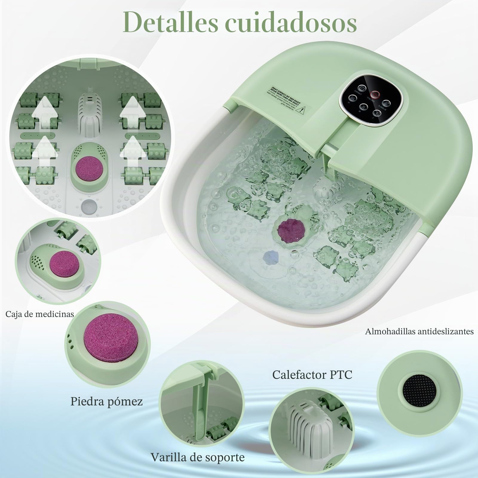 HOMASIS Bañera Spa Masajeador Plegable Para Pies con Calentamiento, Hidromasaje para Pies con Rodillos, Piedras Pómez y Temperaturas Ajustables 41/43/45 °C, Temporizador de 20/60 Minutos, 500W (Verde)