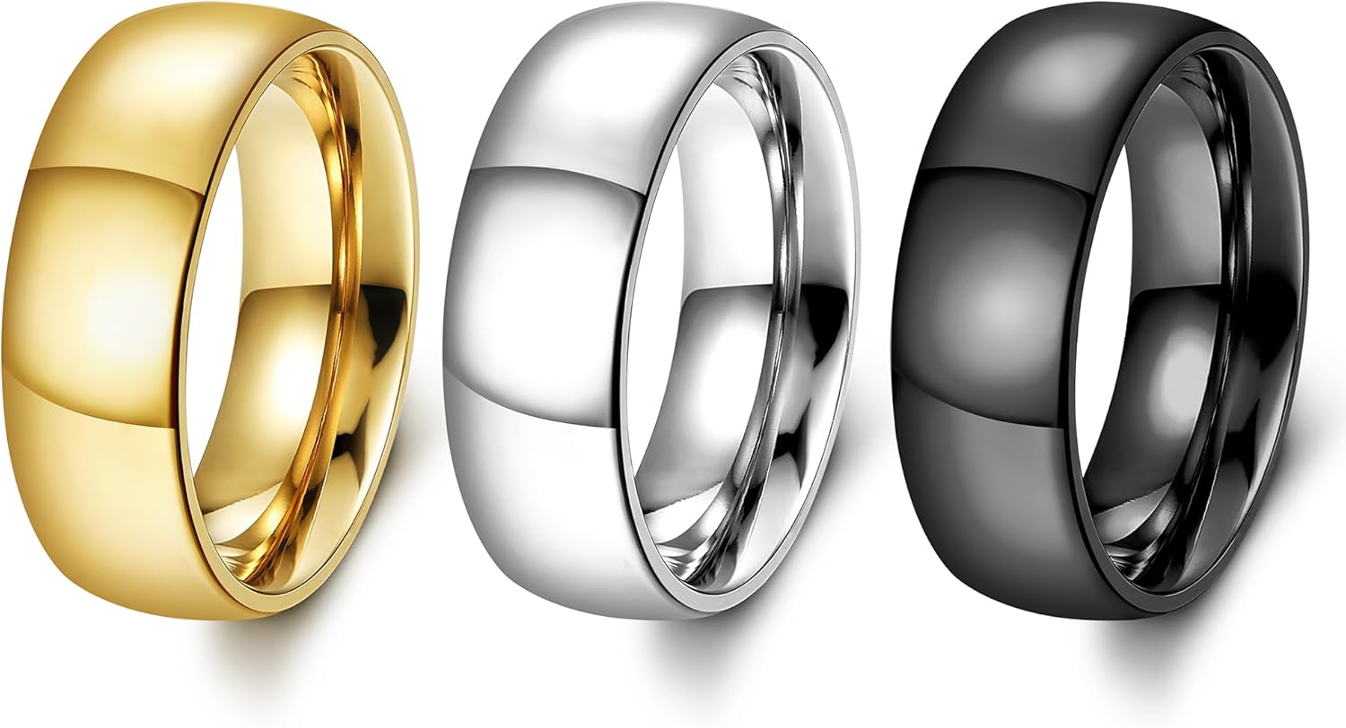 FIASASO 3Pcs Stainless Steel Rings for Men 6MM Wedding Bands for Women Mens 14K Gold Plated Silver Plated Black Ring Set Domed High Polish Comfort Fit 6-12 - Image 7
