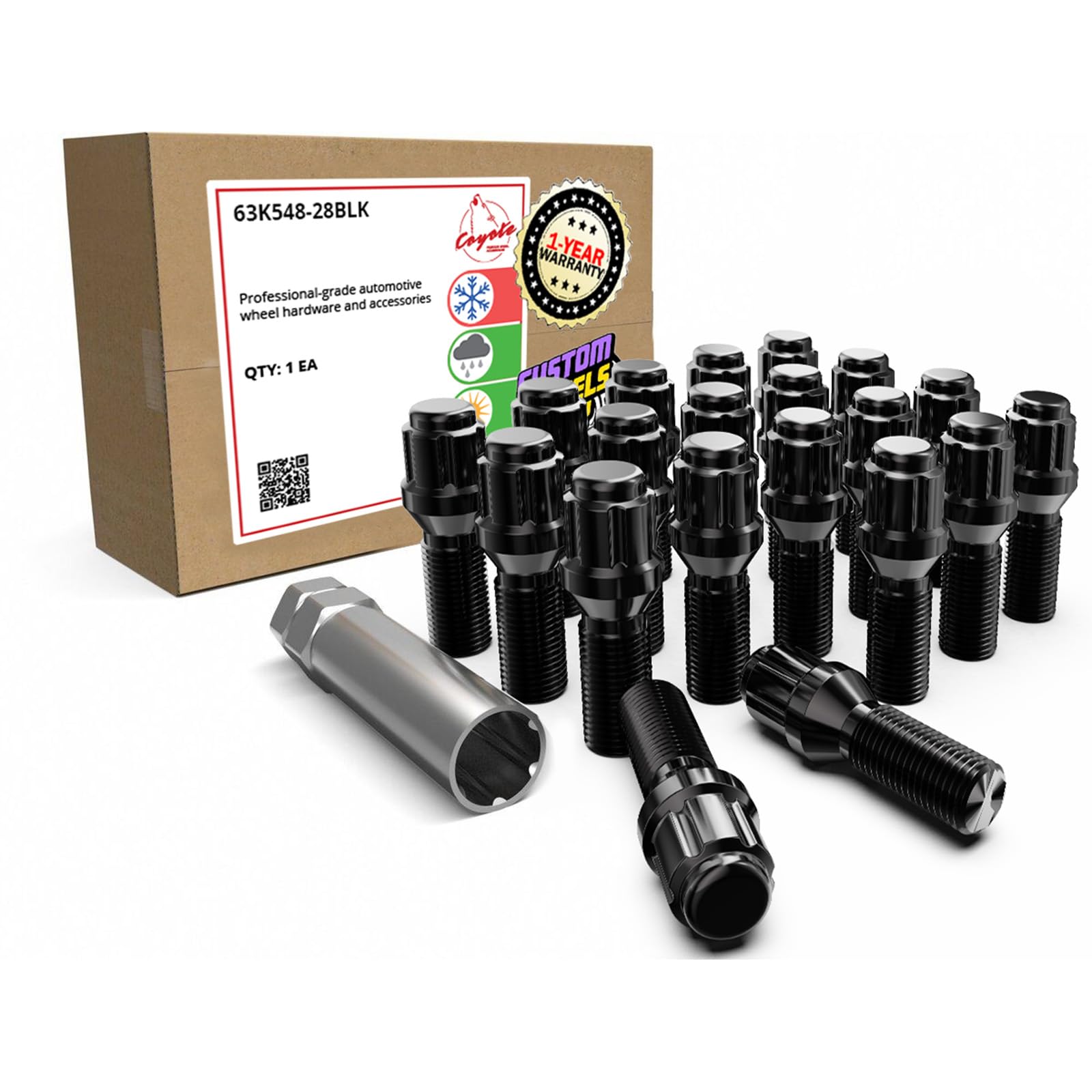 Wheel Accessories Parts 20 Pcs M14 x 1.50 Thread Acorn Seat Spline Lug Bolt Black Finish 28mm Shank Length Car Spline fits Land Rover Range Rover ｜ Volvo S60 S90 XC40 XC60 XC70 XC90 ｜ Older BMW