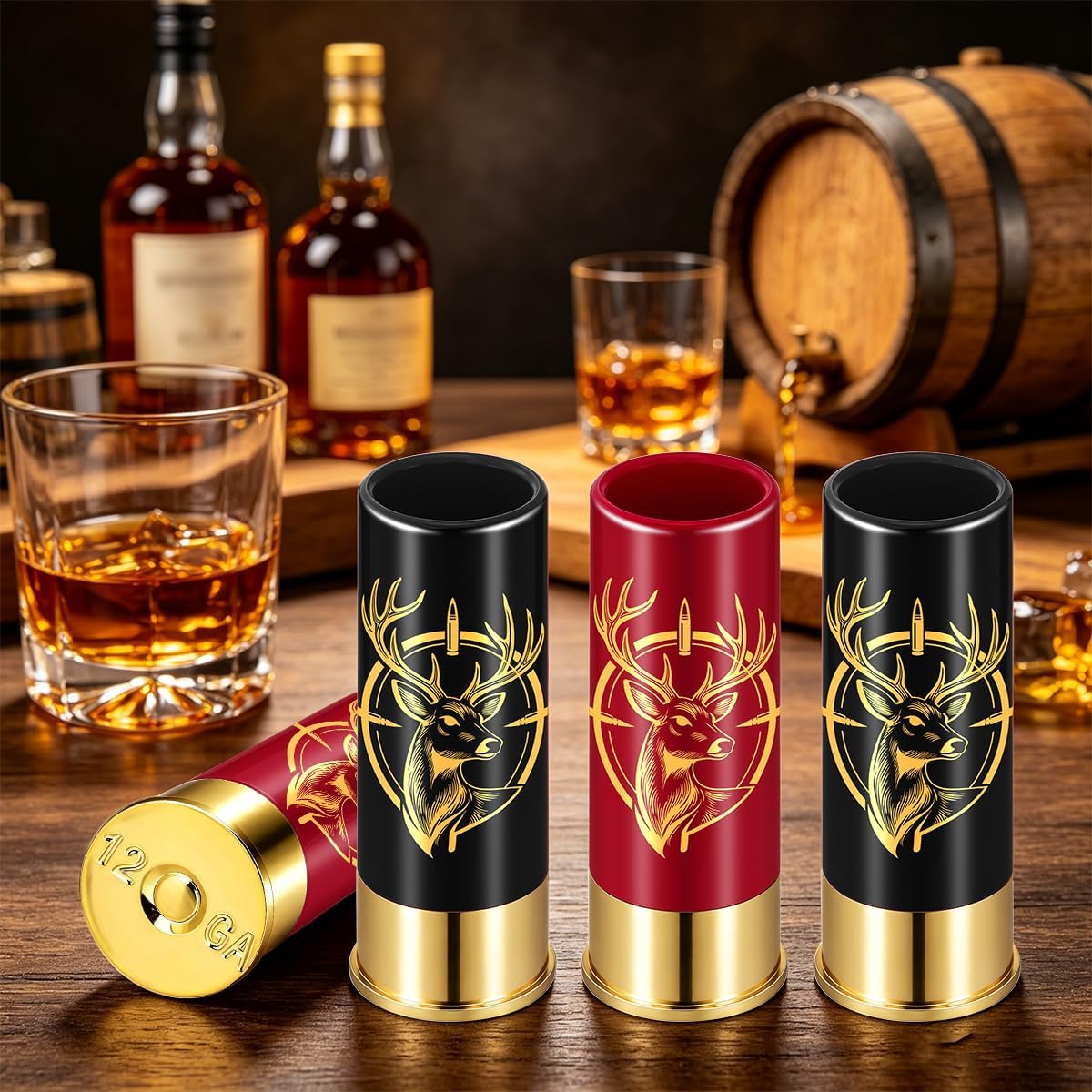 Target Deer Head Shot Glasses – Set of 4, Black&Red, Hunting Gifts for Men