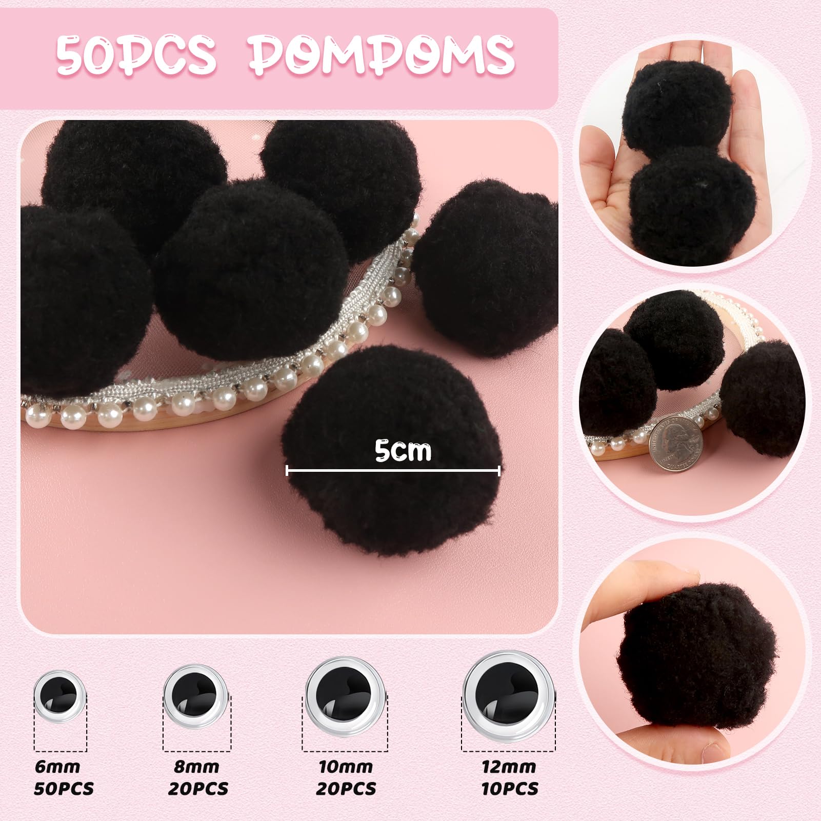 TOAOB 50pcs 5cm Large Pom Poms Black Ball Fluffy Pom Poms Fuzzy Pompoms Balls with Wiggle Eyes for DIY Crafts Decorations - Image 2