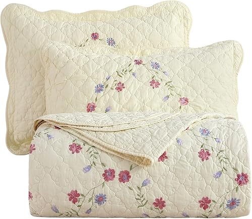 vctops Juego de edredón de 3 piezas con bordado floral de granja, tamaño Queen, ligero, suave, acolchado de algodón para todas las estaciones