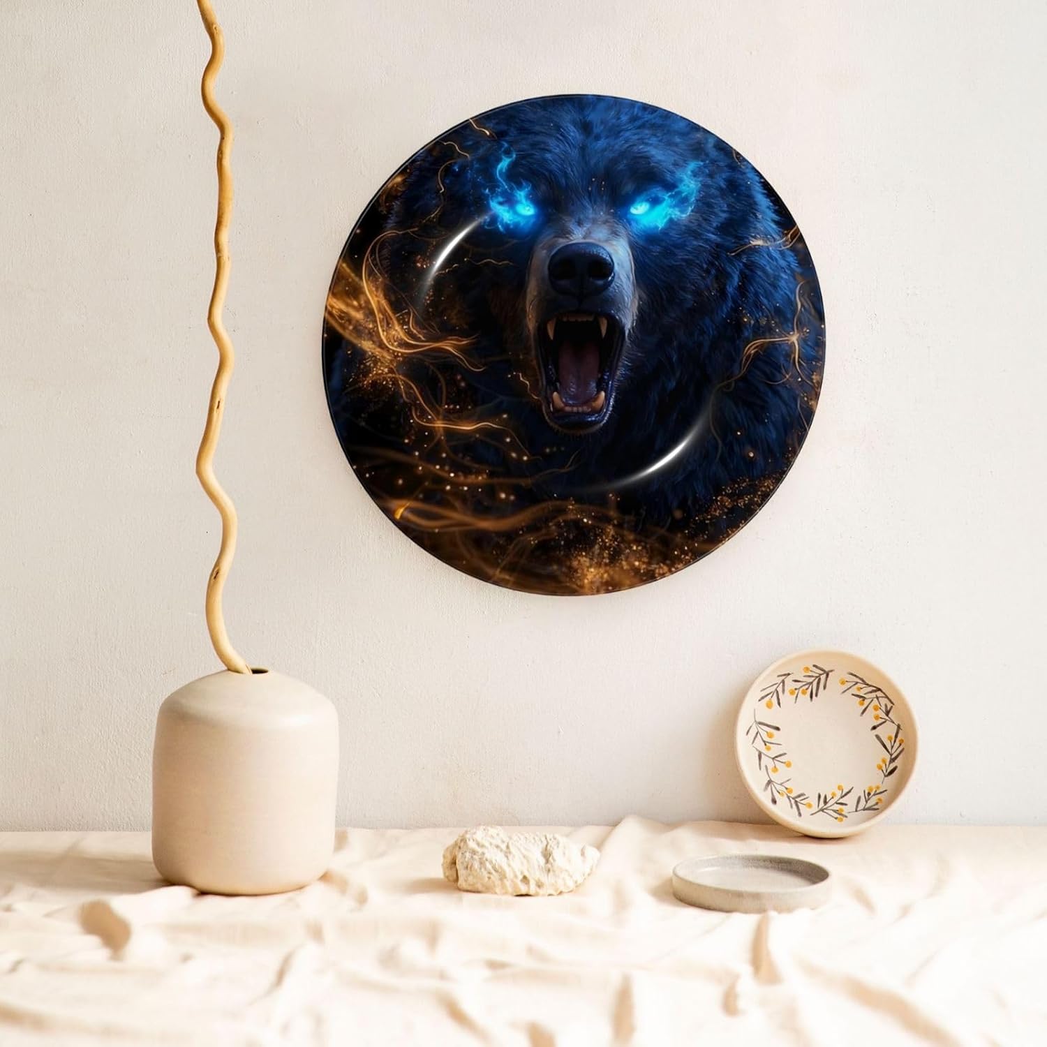 Blue Light Bear Style Ceramic Plate Display Decorative Plate With Stand Wall Hanging Plate For Home Decor 10 Inch
