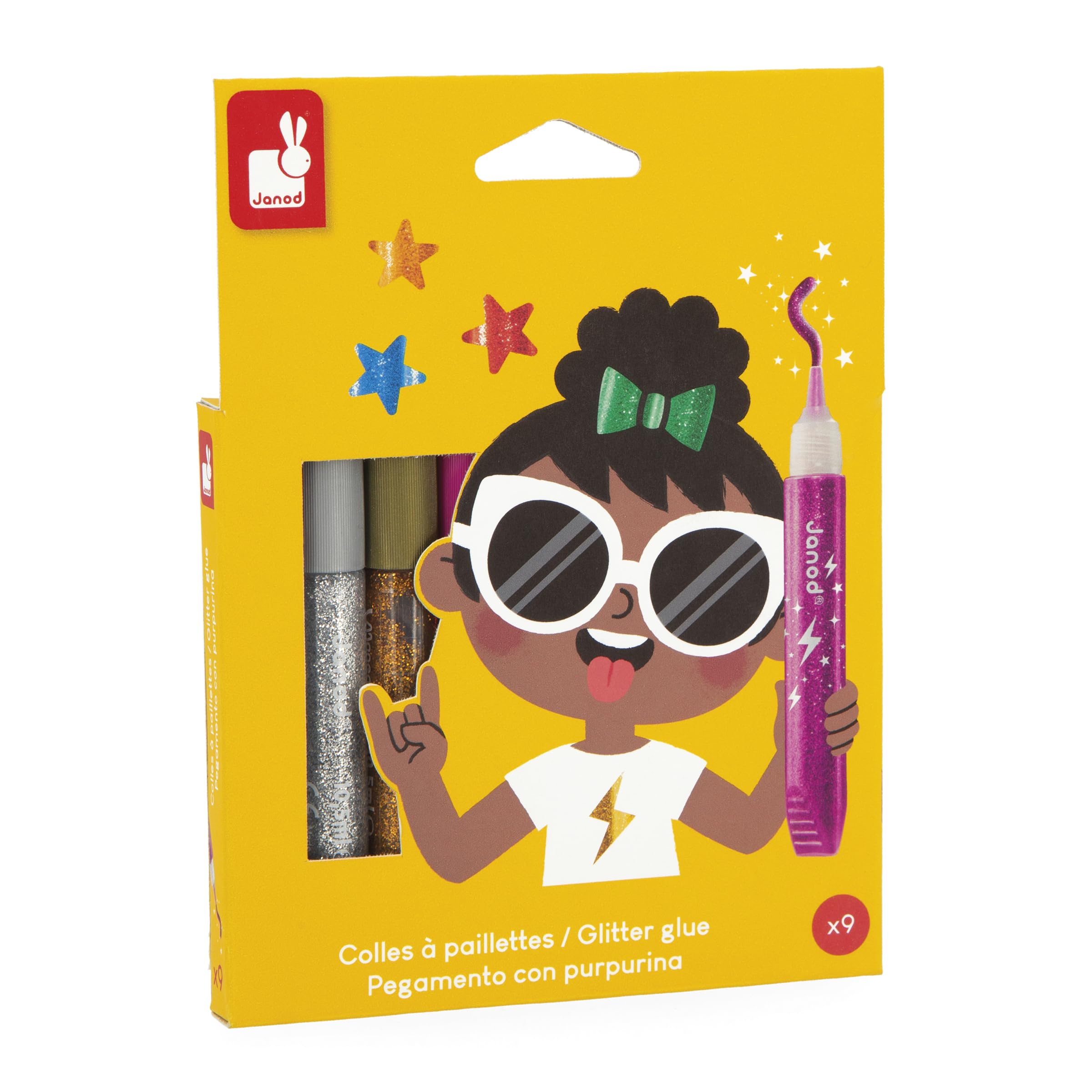 Janod - 9 Tubes of Glitter Glue for Children - High Glitter Density - Assorted Colours Including Gold and Silver - Ideal for Creative Hobbies, Drawing and Craft Activities - From 3 Years Old - J07418