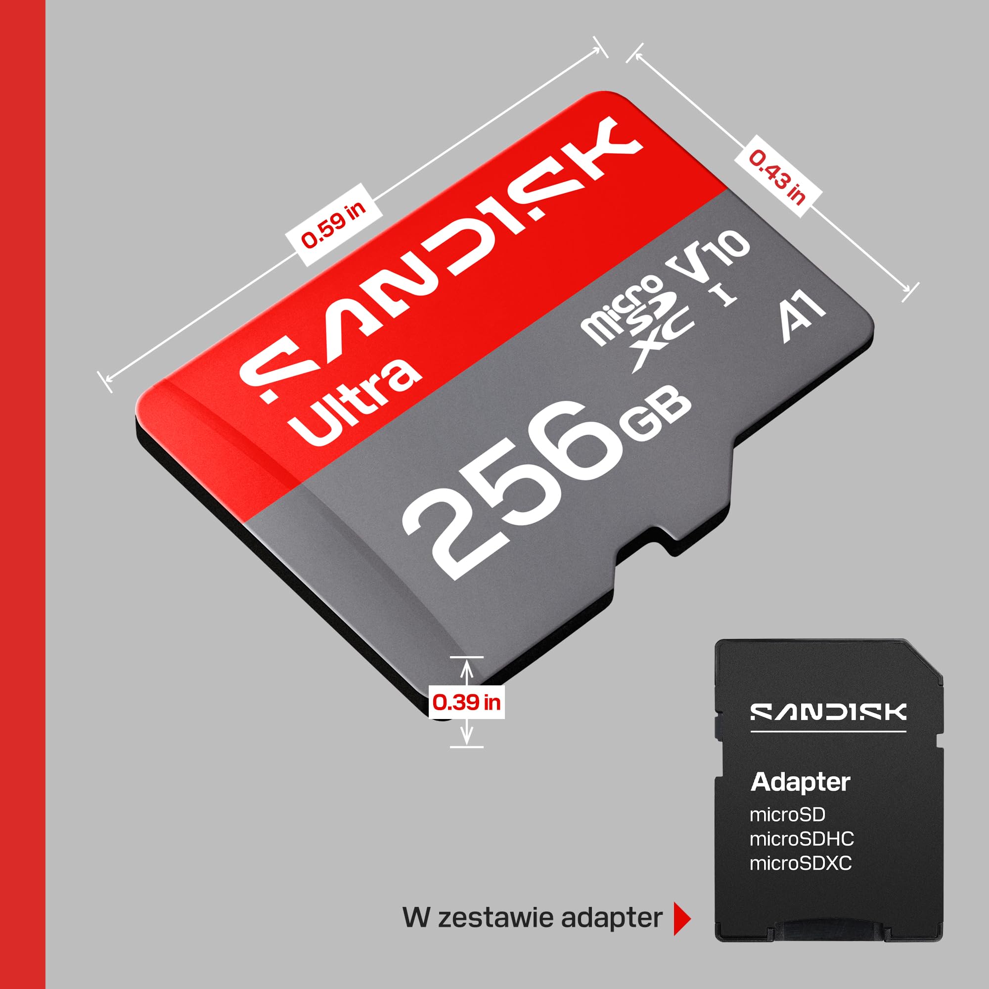 SANDISK Ultra Karta microSDXC UHS-I + SD Adapter, 256 GB (prędkość odczytu do 195 MB/s, filmy Full HD, V10, U1, C10, A1) Do smartfonów i tabletów z systemem Android oraz kamer i laptopów
