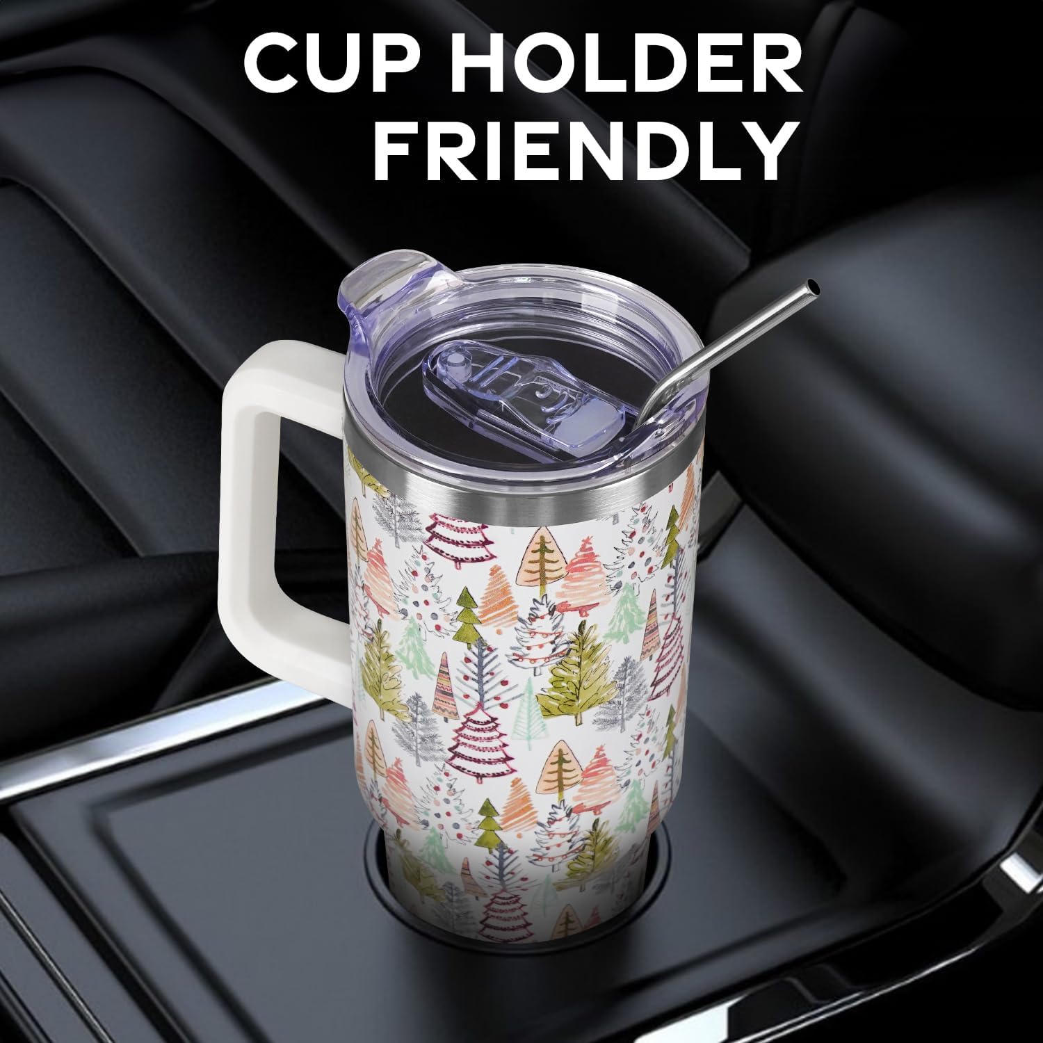 Christmas Trees Tumbler with Handle and Straw Lid 40 oz,Cute Merry Xmas Colorful Gifts for Women Vacuum Insulated Leak Proof Tumbler,Winter Holiday Accessories Stainless Steel Coffee Cup Mug - Image 6