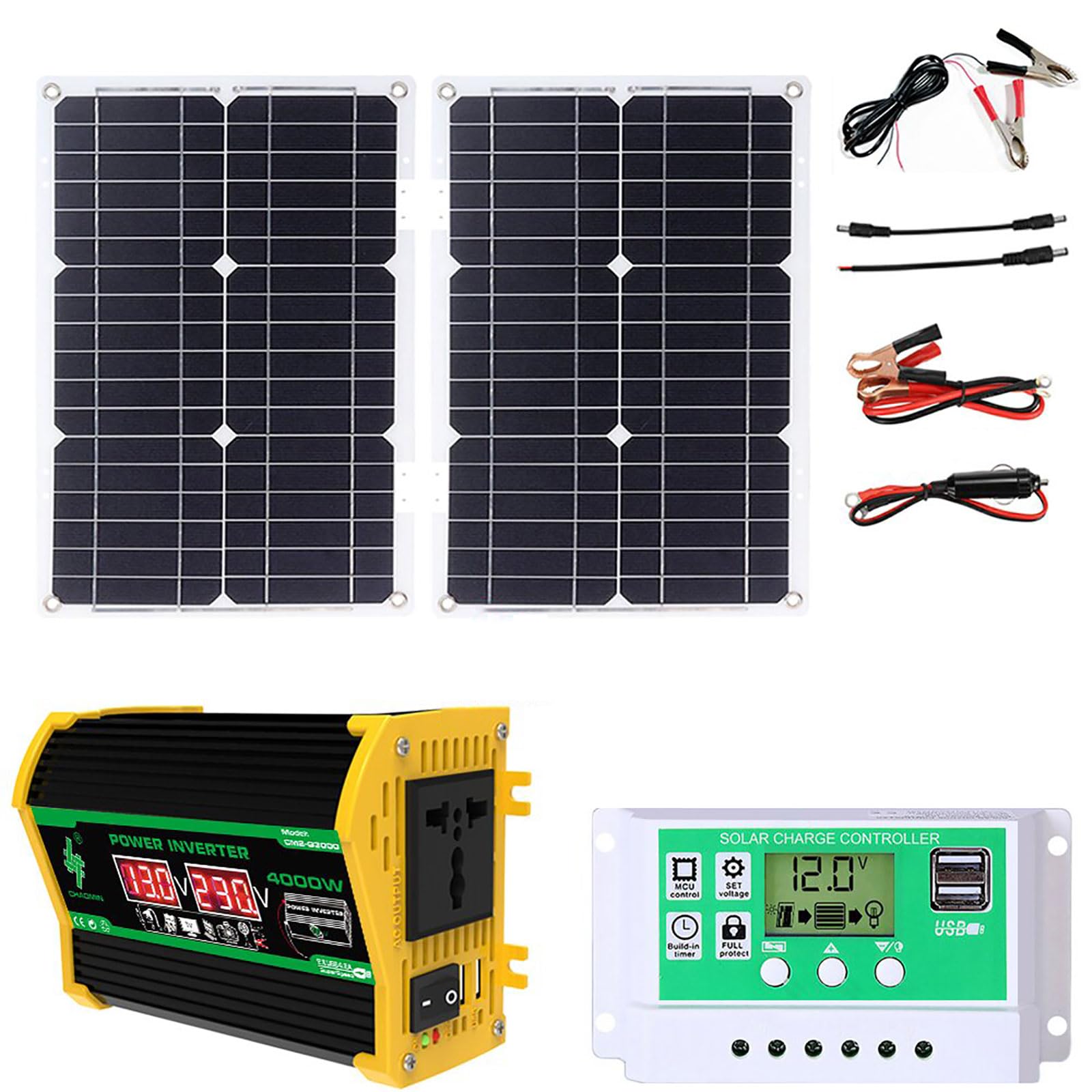 Solarmodul-Set, komplettes Solarmodul-Set, 50W wasserdichtes Solarmodul und 4000W Solarwechselrichter, 12V Solar 50A Laderegler mit 2 USB-Anschlüssen und LED-Anzeige für Zuhause, Wohnmobil, Boot, tr