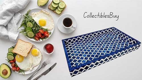 Miniatura 7 de Bandeja de servir hecha a mano con incrustaciones de hueso, bandeja de desayuno de damasco marroquí azul y blanco, bandeja rectangular de madera