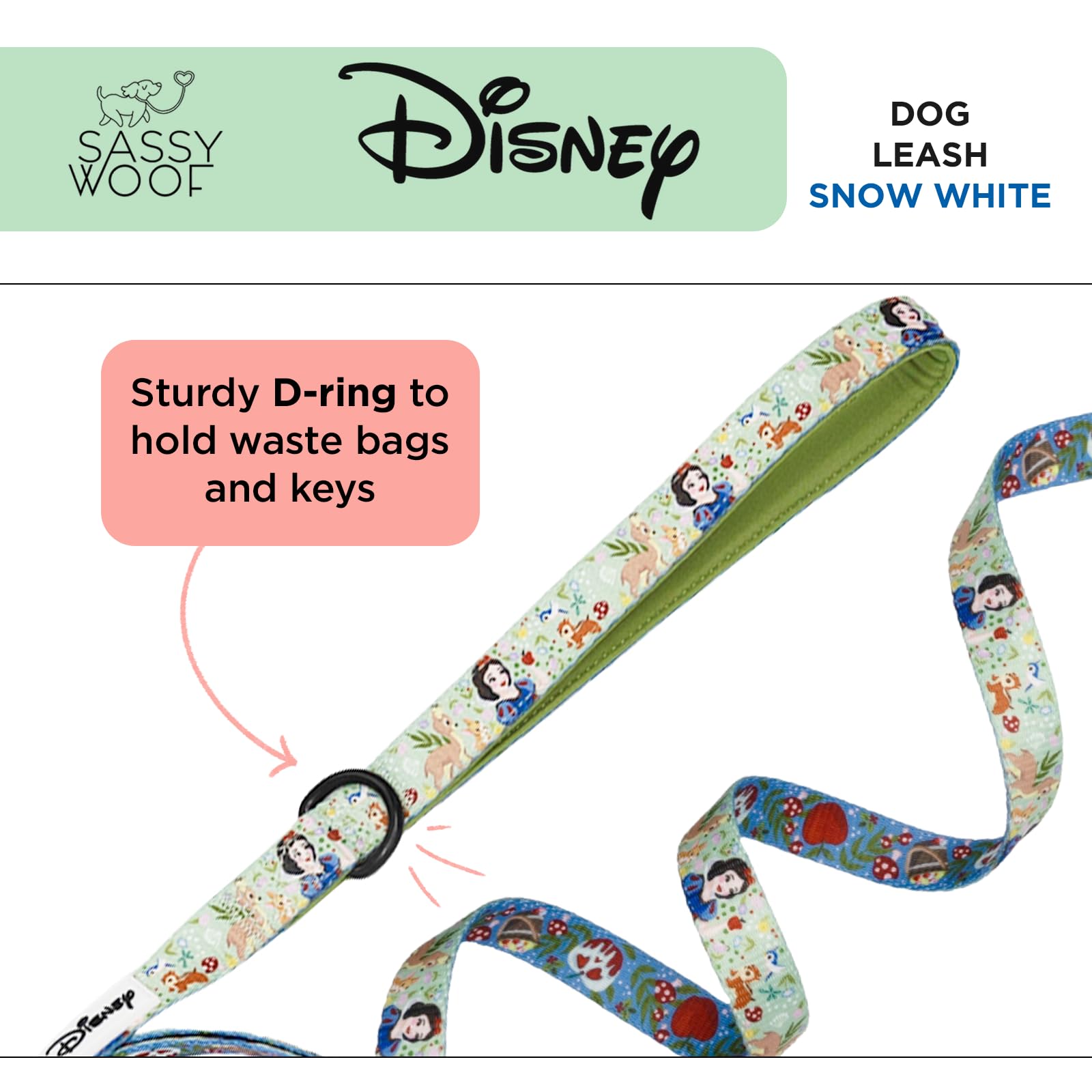 Sassy Woof Disney - Correa para perro Blancanieves de 60 pulgadas con diseño patentado y mango acolchado de neopreno, cómoda, duradera y elegante para perros pequeños a grandes