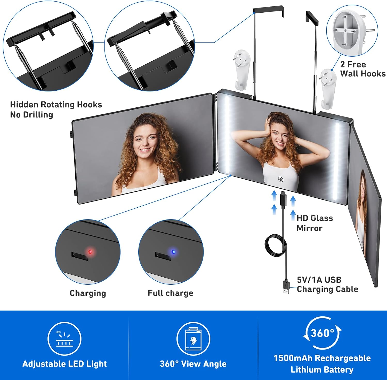 JINDUN Rechargeable 3 Way Mirror with Lights for Self Hair Cutting - Adjustable 360° Mirror with Height Adjustable Telescoping Hooks, Portable Foldable Haircut Mirror for Travel, Bedrooms, Bathroom