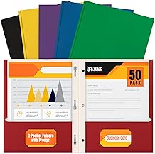 Better Office Products Letter Size Paper Portfolios with Prongs, Case of 50, Assorted Primary Colors, with Fasteners 2 Pocket Paper Folders with Brads
