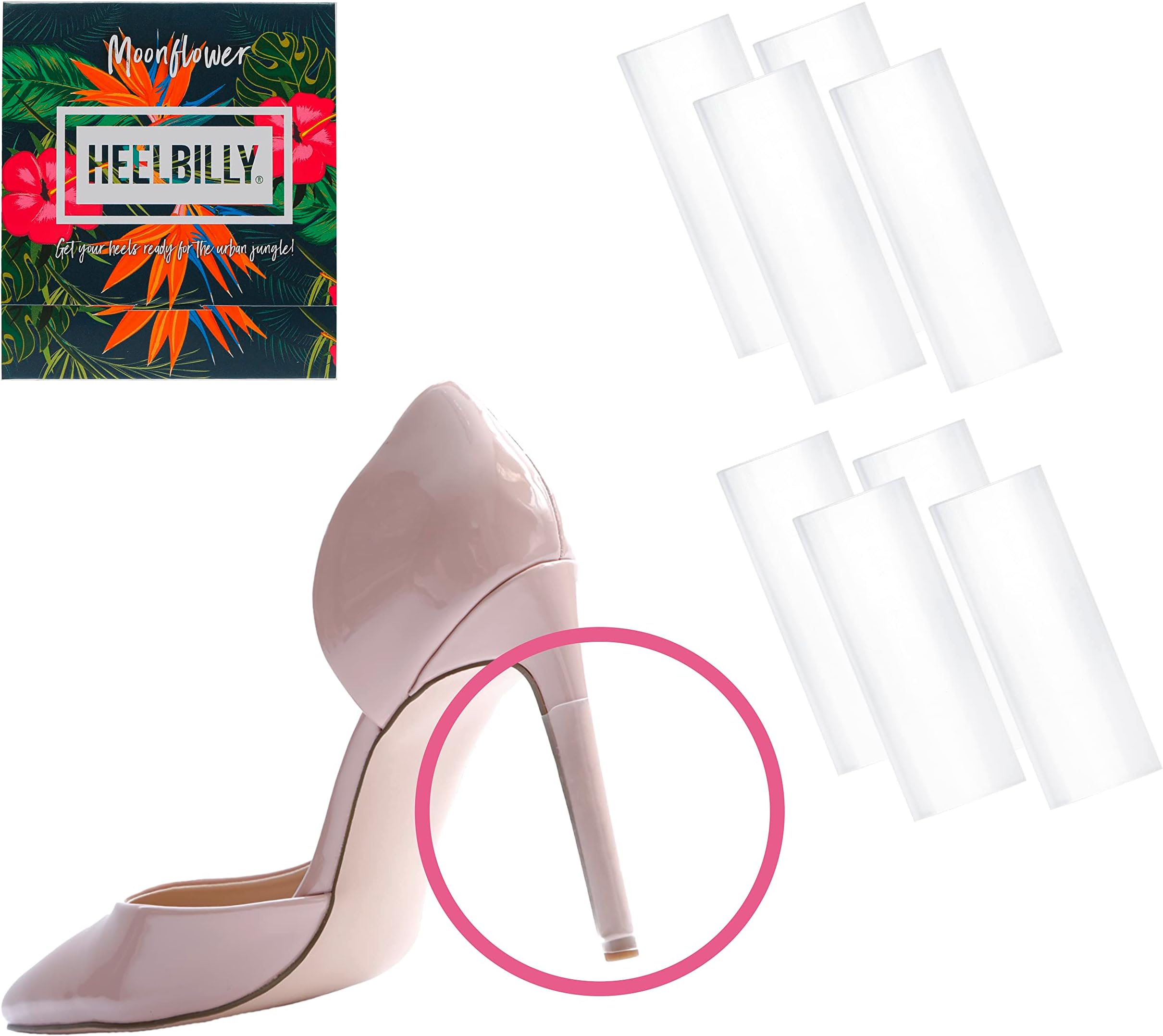 Heelbilly - Invisible High Heel Protectors, 4 Clear 'Moonflower' Pairs, 8 Pieces at 6cm Each, Prevent Scratches - For High Heels & Stilettos