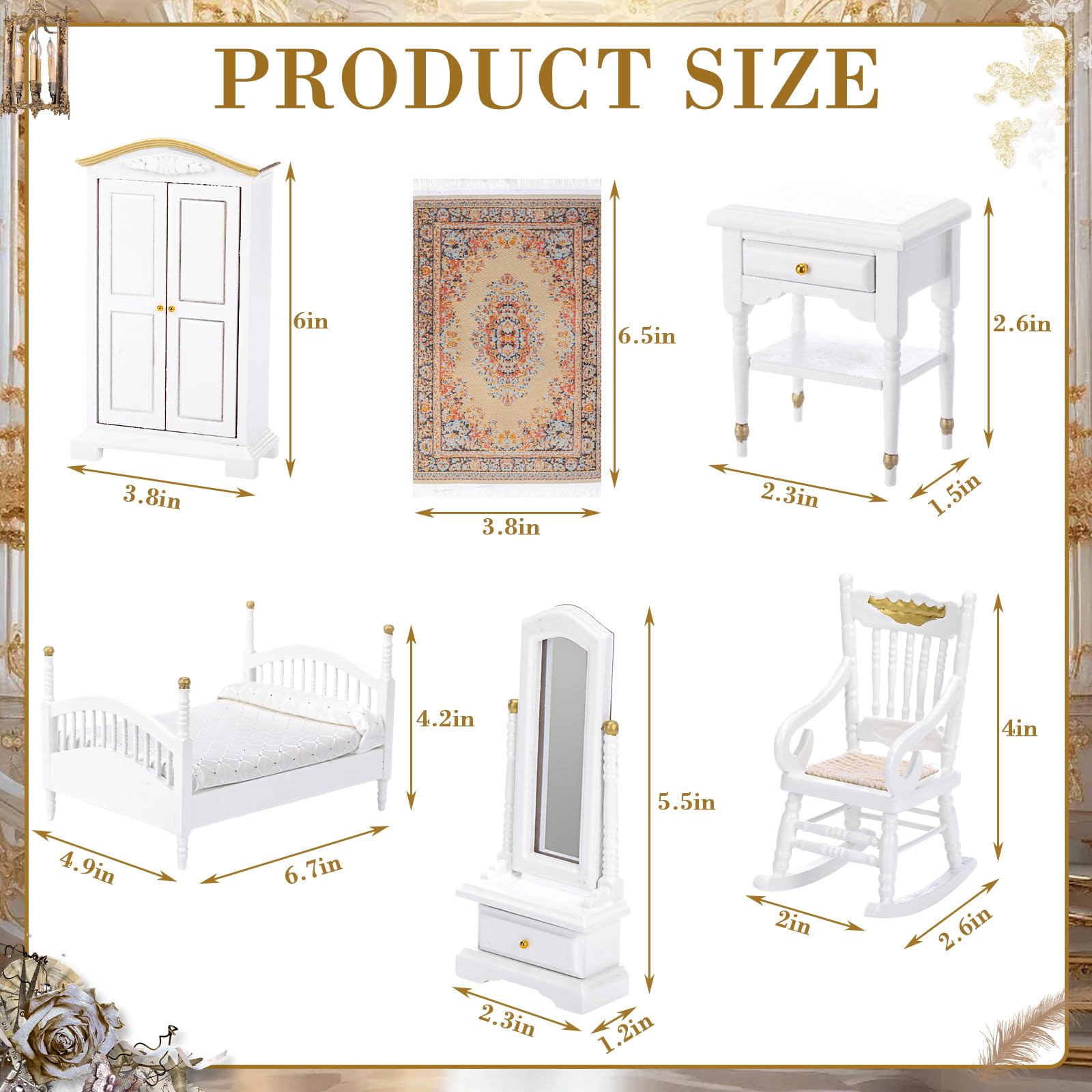 Skylety Juego de 7 muebles victorianos para casa de muñecas a escala 1:12, juego de muebles de dormitorio para adultos, juguetes en miniatura, accesorios para casa de muñecas