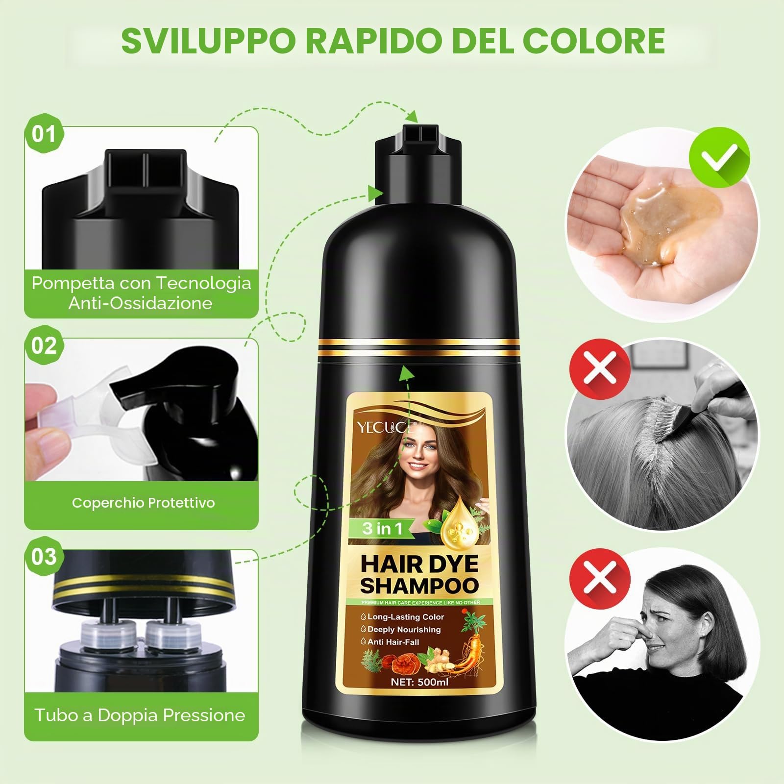 Shampoo colorante per capelli grigi 5 colori, 3 in 1, a lunga durata, shampoo per capelli istantanei, per uomini e donne, ingredienti aromatici (500 ml) (caffè)