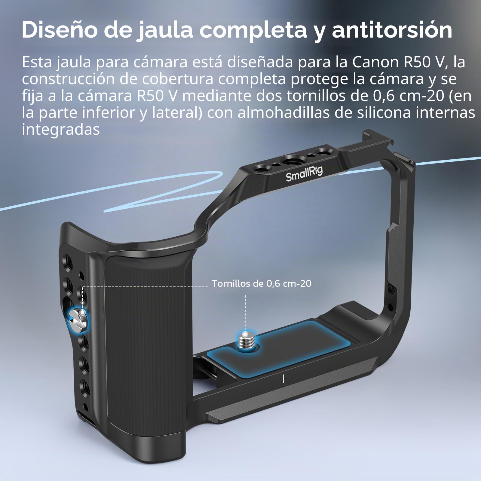 SmallRig R50 V - Jaula para Canon R50V, agarre ergonómico de silicona, placa QR para Arca, orificio roscado 1/4"-20, orificios 3/8"-16 para ARRI, Cold Shoe, QD