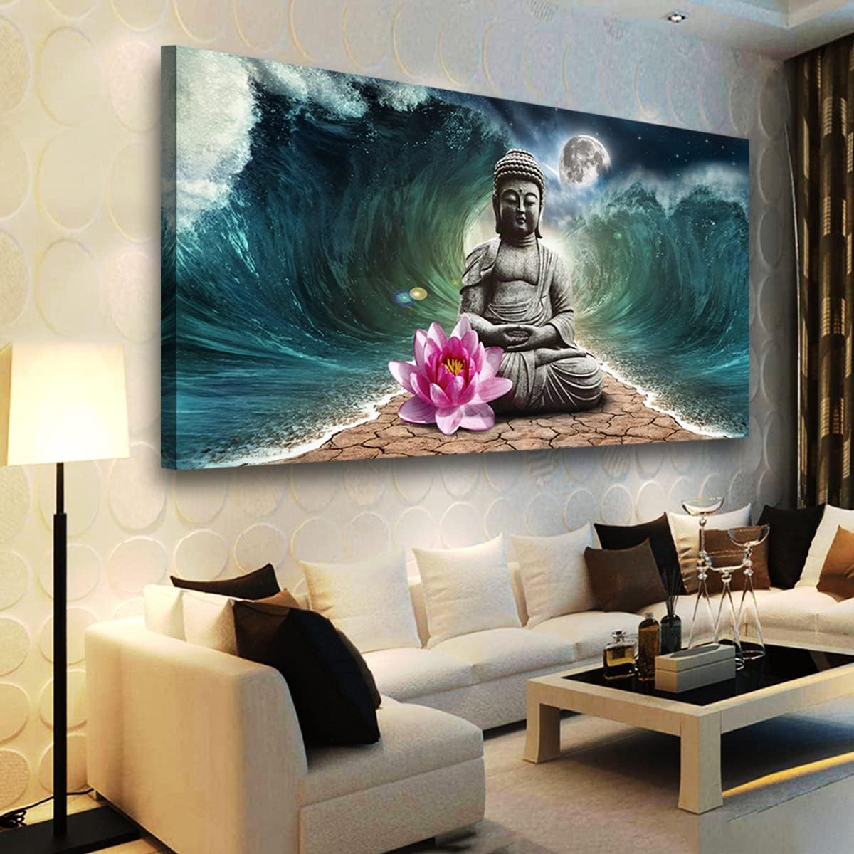 Canvas Wall Art Buddha Pictures Home Decor Grey Zen in The Background of Moon and Waves Poster Prints Painting for Living Room Bedroom Bathroom Kitchen Office Decoration Hindu Artwork 20x40 Inches 20x40inches x 1pcs(50x100cm x 1pcs) grey buddha green wave