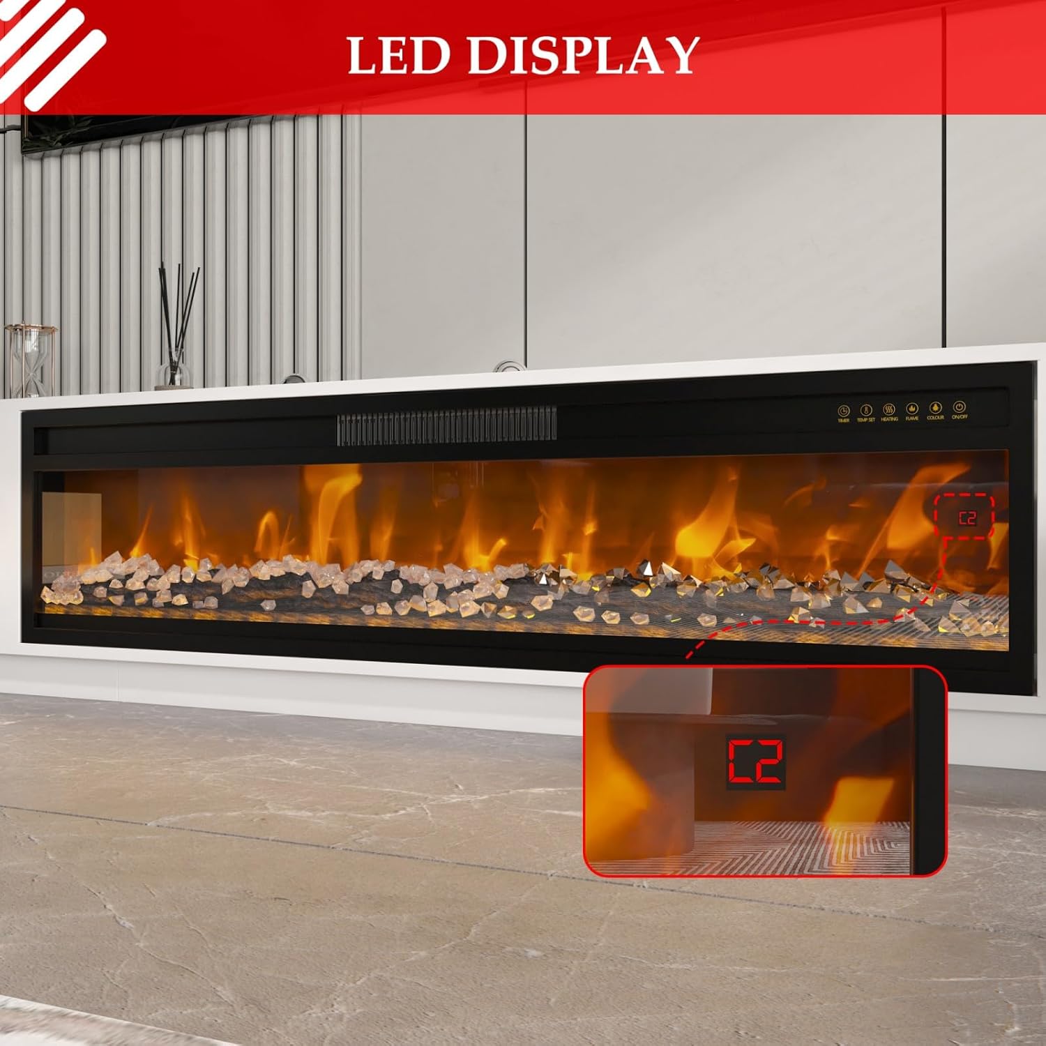 FUFU&GAGA 109.4” Fireplace TV Stand with 46” Electric Fireplace, 12 LED Lights, TV Media Console Table, LED Entertainment Center for Living Room, Matte White, 109.4”W x 15.7”D x 14.9”H