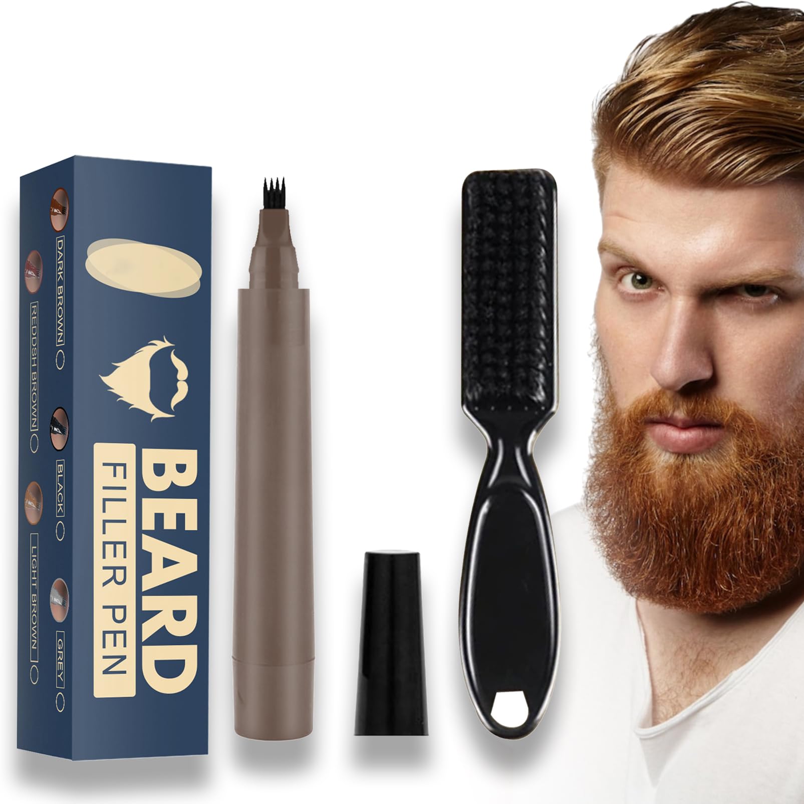 Dark Brown Beard Pen - Beard Pencil Filler for Men - Beard Brush Bristle Waterproof & Sweatproof - Natural Long-lasting Coverage Mustache Kit - Enhance Face Hair Styling Thicken Shape & Define Colour