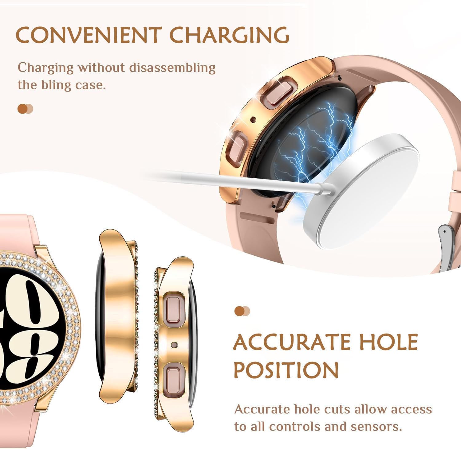 DEALELE [2-PACK] Case Compatible with Samsung Galaxy Watch 5/4 44mm, Bling Single-Row Diamond PC Protective Case Replacement Watch Cover Bumper (44mm, Gold+Transparent) — view 20