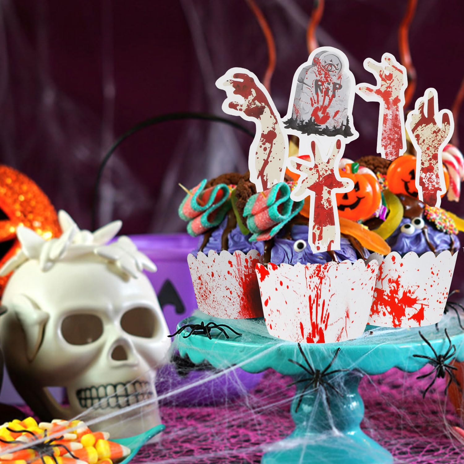 72-teiliges Halloween-Cupcake-Deko-Set – 36 Zombiehand-Topper & 36 Blutige Handabdruck-Wrapper Für Gruselpartys