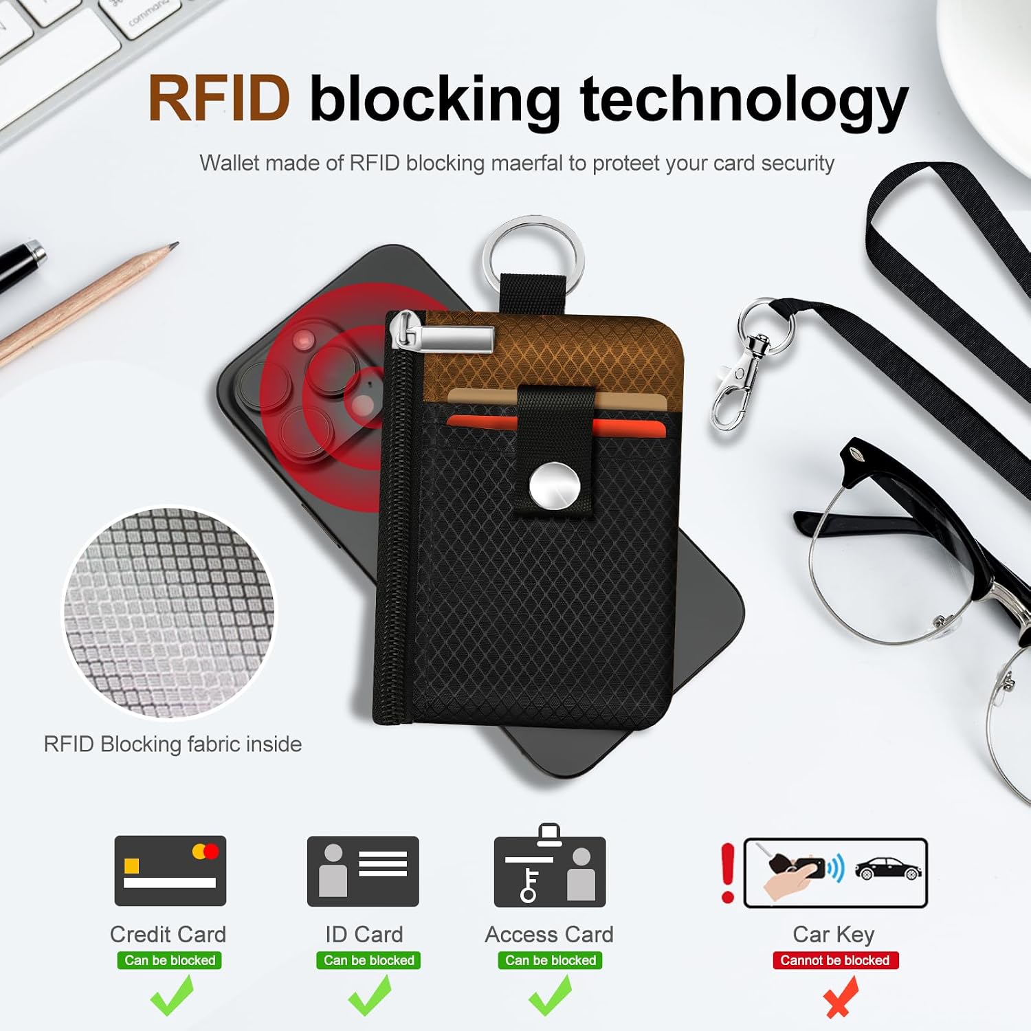 Minimalist RFID Blocking Small Wallet with ID Window,WaterResistant Zip Id Case Wallet with Lanyard Keychain for Cards,Cash,Travel,Women,Men (Black/Brown)