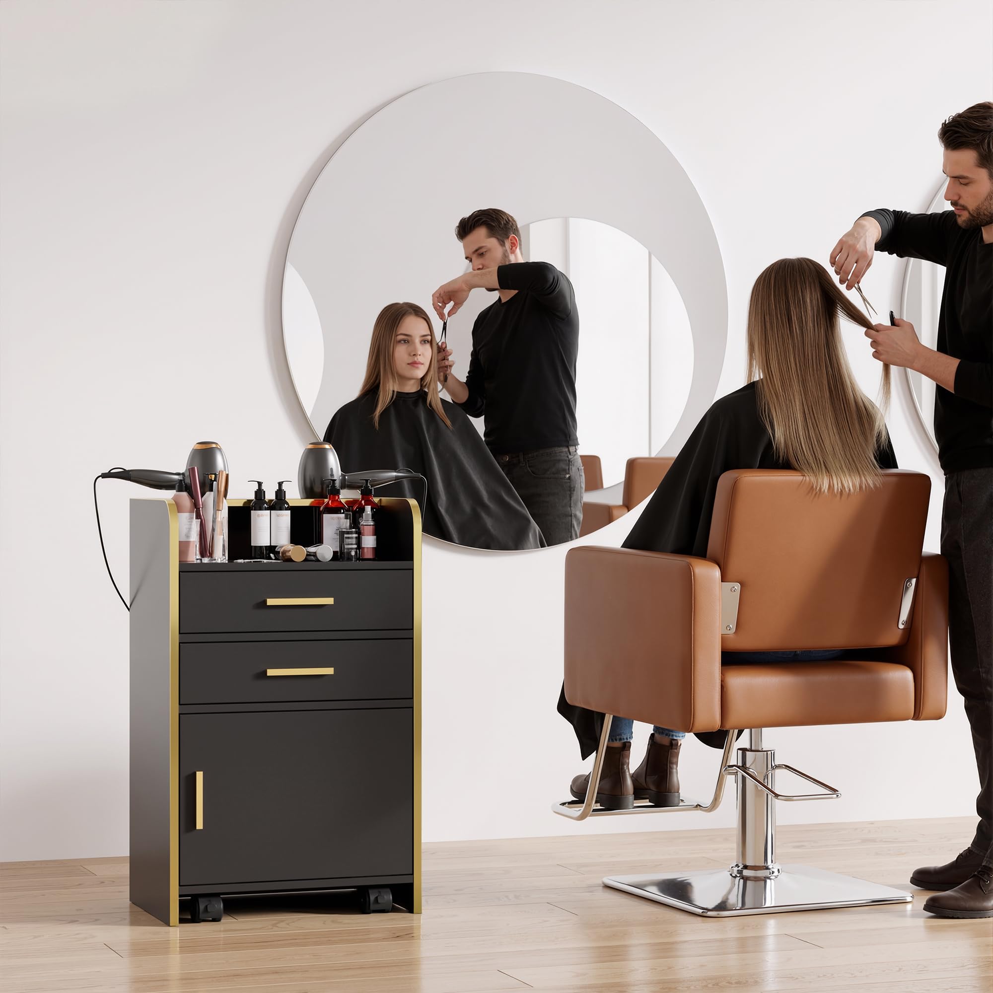 MSFE Carrello Estetista con Ruote,Carrello di Servizio in Legno con 2 Cassetti,1 Armadio e 2 Supporti Asciugacapelli,Barbiere Carrello da Lavoro per Stilista,Parrucchiere,Acconciatura SPA,45*35*80CM