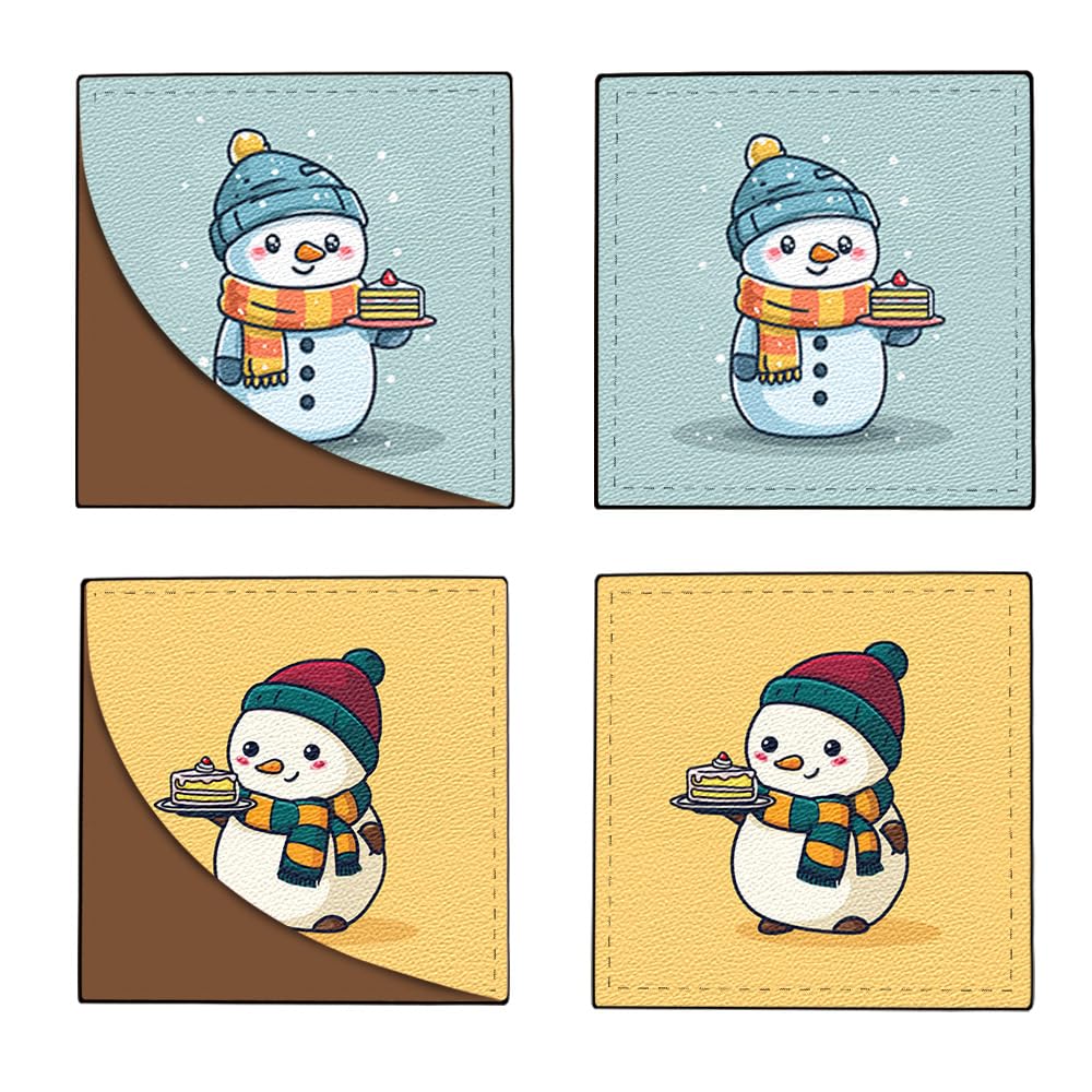 2Pcs Cute Snowman Cake Corner Bookmarks, Handmade PU Leather Page Corner Protectors, Kawaii Winter Stationery Gift for Kids, Students, Teachers, Fun Reading Accessories 3.54 x 3.54 Inch