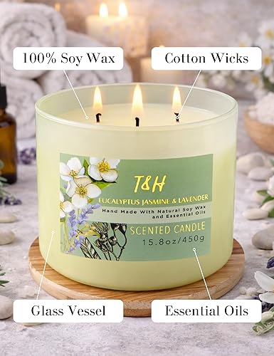 Miniatura 5 de Vela perfumada de eucalipto y jazmín y lavanda, velas de soja grandes de 3 mechas para el hogar de 15.8 onzas, vela relajante de aromaterapia de
