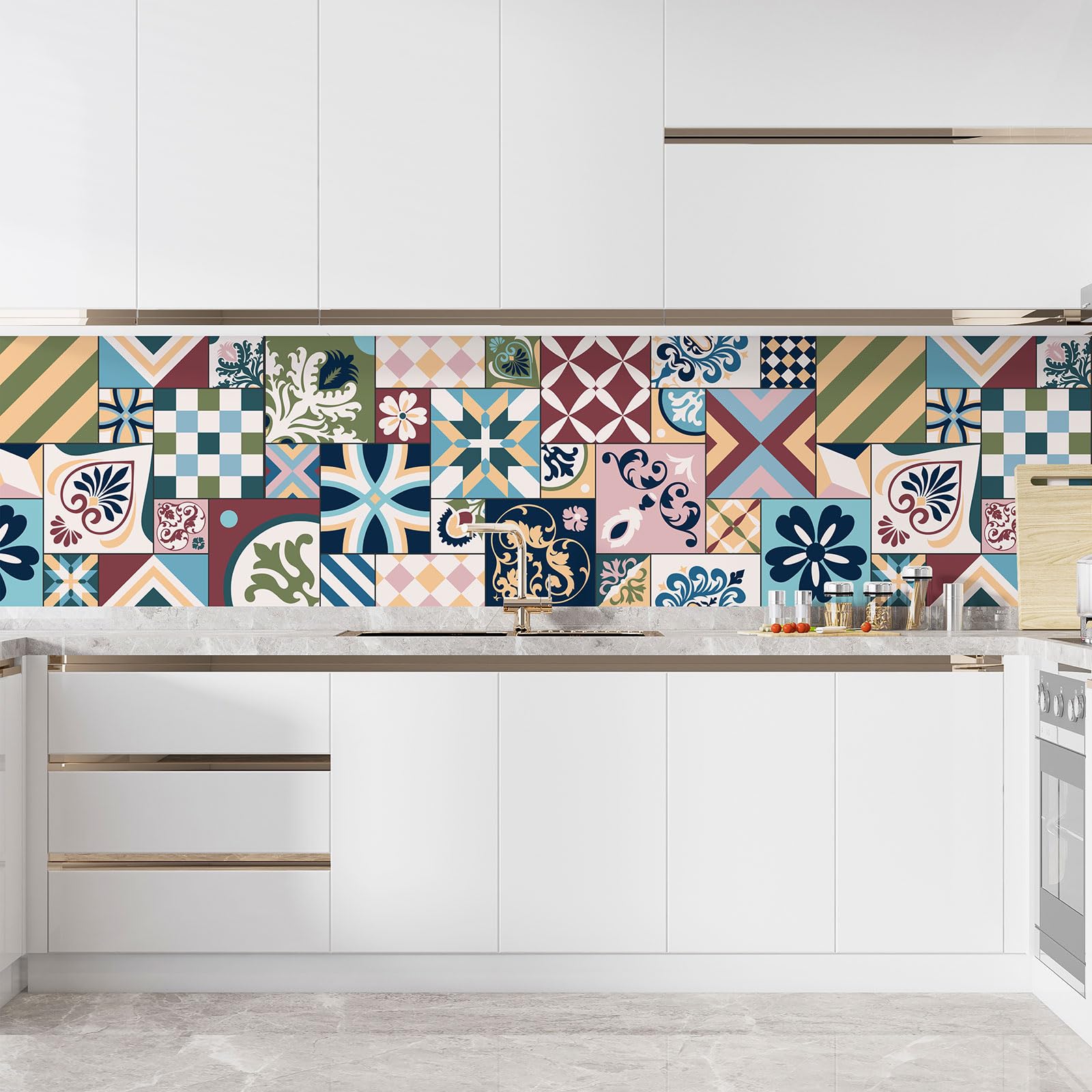 Lumalea Adesivo adesivo per cucina, effetto piastrelle di cemento, 3617682445233, adesivo + protezione opaca, 55 x 165 cm