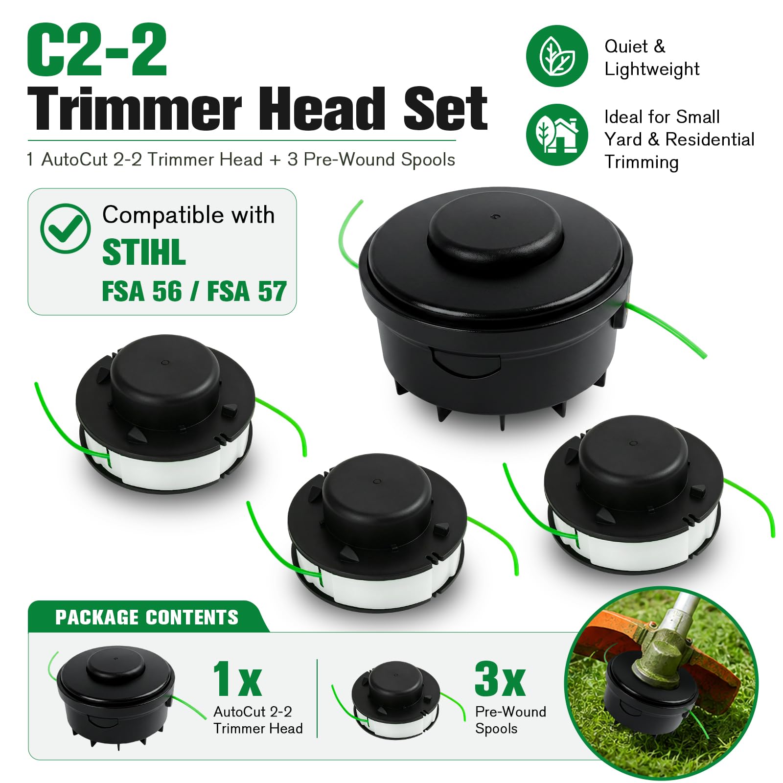 C2-2 szpule drutu do Stihl FSA 56, 3 szpule + 1 głowica tnąca, szpula zapasowa 2,0 mm, Stihl Autocut 2-2, części zamienne do kosiarek, akcesoria do narzędzi ogrodowych