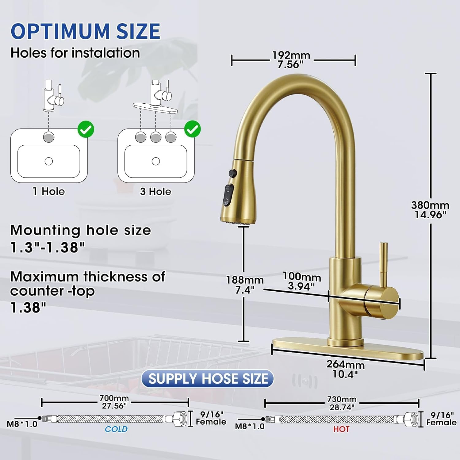 Brushed Gold Kitchen Faucets with Pull Down Sprayer, High Arc Single Handle Stainless Steel Kitchen Sink Faucet for 1 or 3 Hole, Ideal for Farmhouse RV Laundry Bar Camper & Commercial